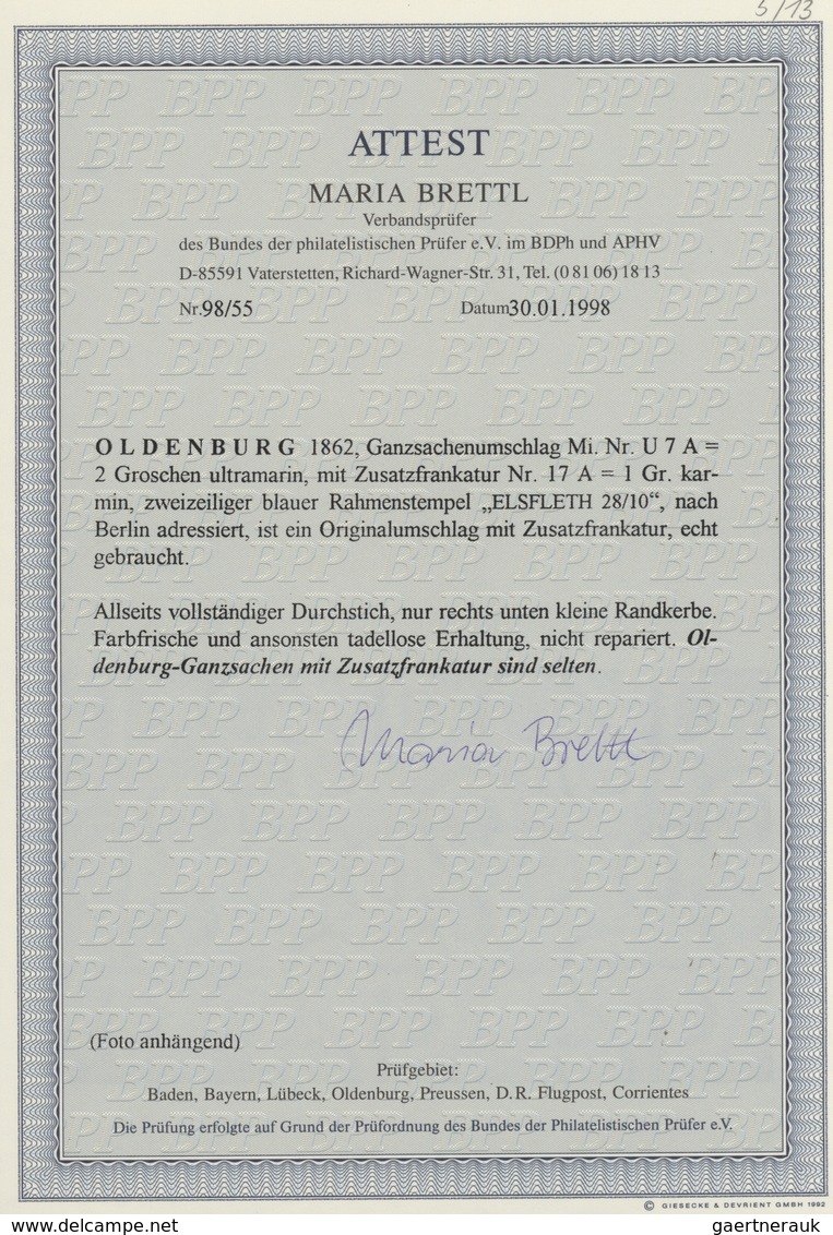 Oldenburg - Ganzsachen: 1862: Ganzsachen-Umschlag, Wertstempel Rechts, Kurze Gummierung, 2 Gr. Ultra - Oldenburg