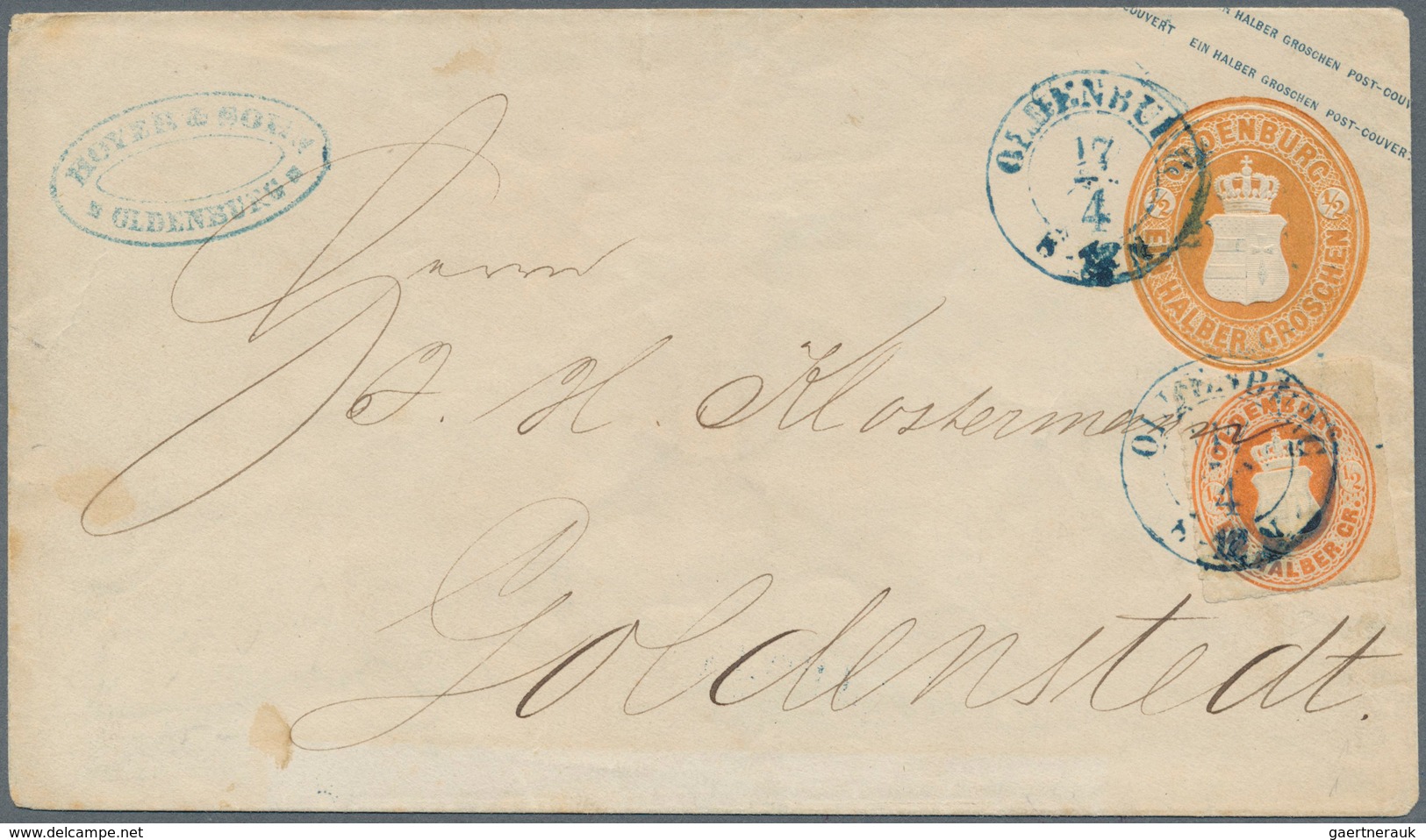 Oldenburg - Ganzsachen: 1863/64: Ganzsachen-Umschlag, Wertstempel Rechts, Lange Gummierung, ½ Gr. Or - Oldenburg