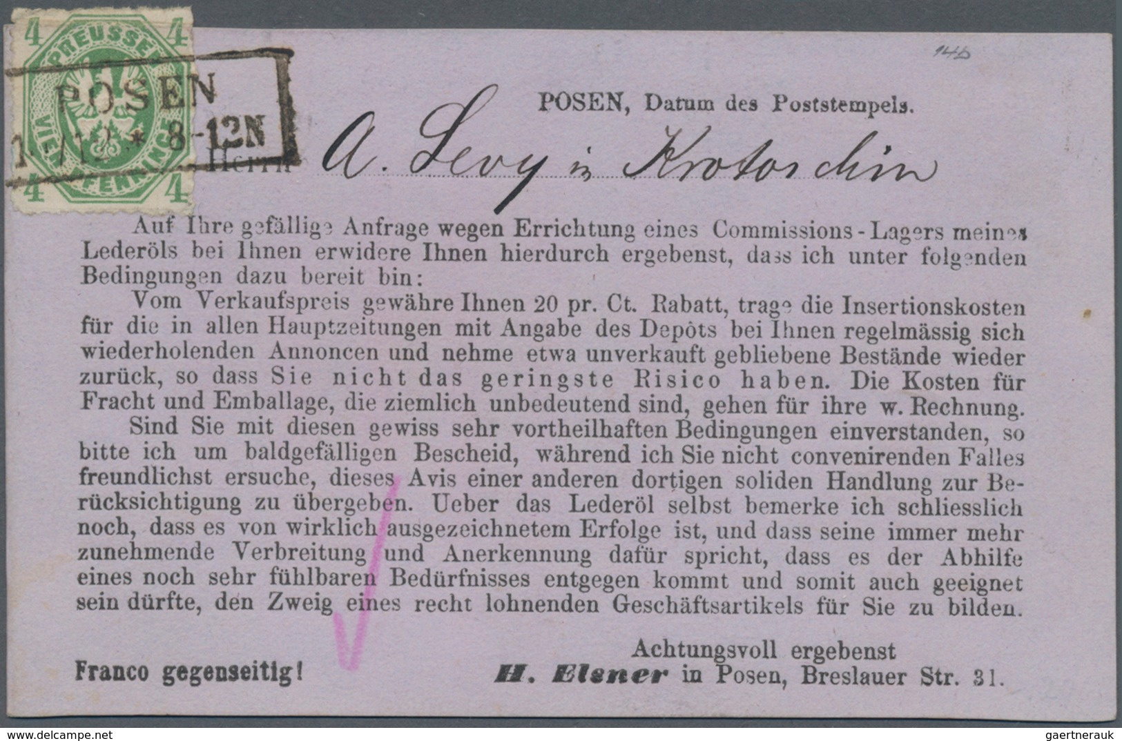 Preußen - Marken Und Briefe: 1861, Oktagon-Ausgabe 4 Pf. Hellgrün Mit Ra2 "POSEN 16/12" Auf Vordruck - Autres & Non Classés