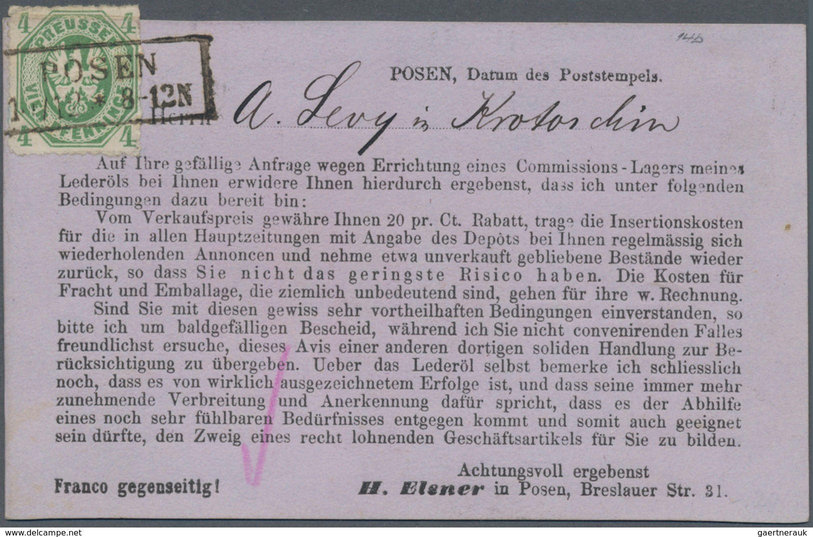 Preußen - Marken Und Briefe: 1861, Oktagon-Ausgabe 4 Pf. Hellgrün Mit Ra2 "POSEN 16/12" Auf Vordruck - Other & Unclassified