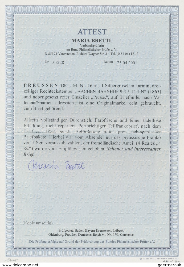 Preußen - Marken Und Briefe: 1863, 1 Silbergr. Karmin, Am 9.3. Auf Brief Von Aachen Nach Valencia/Sp - Other & Unclassified