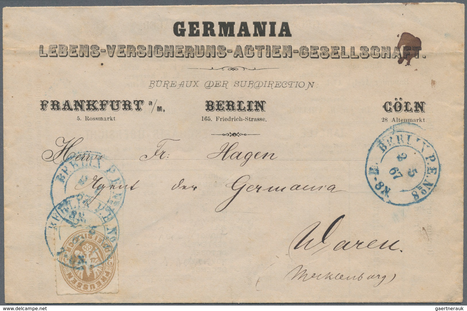 Preußen - Marken Und Briefe: 1867, 3 Sgr. Ockerbraun Auf Vordruck-Firmenumschlag "GERMANIA LEBENS-VE - Autres & Non Classés