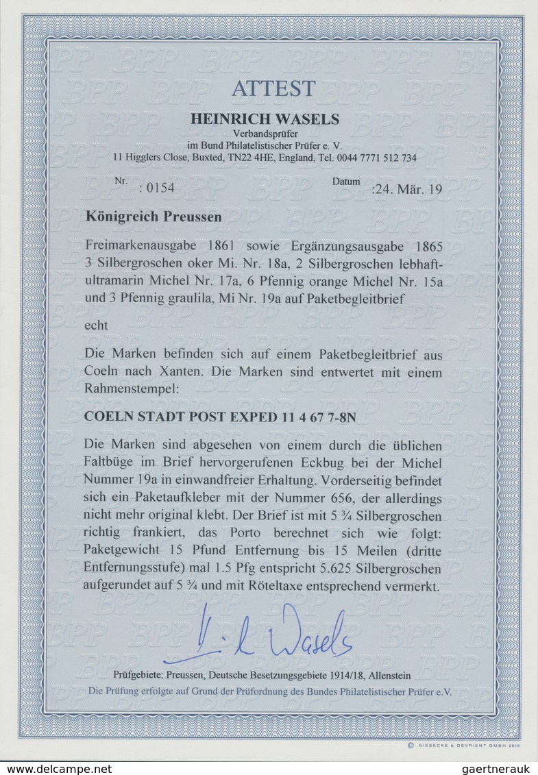 Preußen - Marken Und Briefe: 1861, 3 Sgr Oker, 2 Sgr Ultramarin, 6 Pfg Orange Und 3 Pfg Graulila MiF - Other & Unclassified