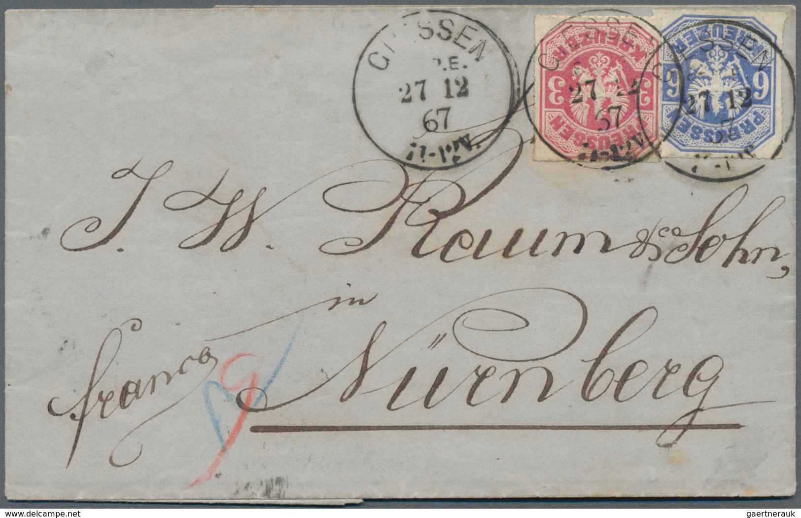 Preußen - Marken Und Briefe: 1867, 6 Kr. Ultramarin Und 3 Kr. Karmin Je Mit EKr. "GIESSEN 27.12.67" - Sonstige & Ohne Zuordnung