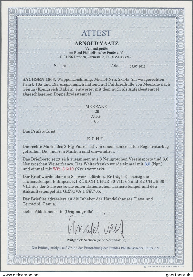 Sachsen - Marken Und Briefe: 1863, 3 Pfg. Grün Im Waagerechten Paar, 1 Ngr. Lebhaftlilarot Und 5 Ngr - Saxe