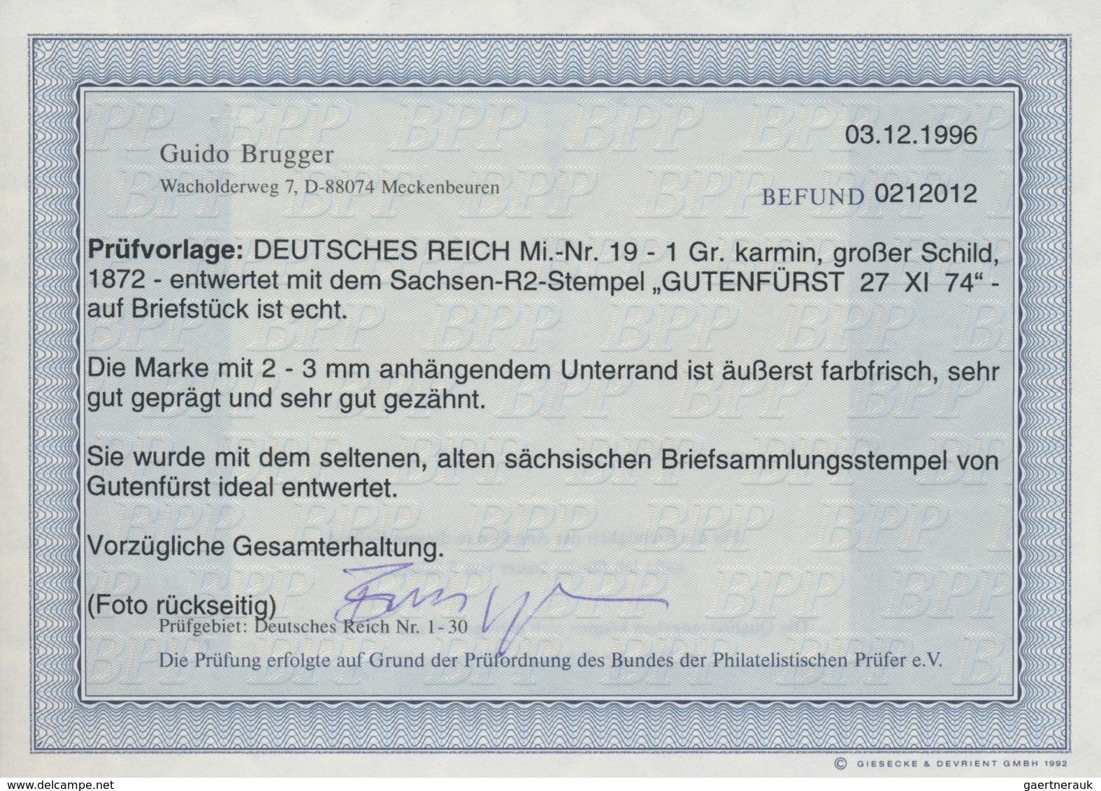 Sachsen - Nachverwendete Stempel: GUTENFÜRST 27 XI 74, Nachverwendeter Sachsen-Ra2 Glasklarer Und Vo - Saxe