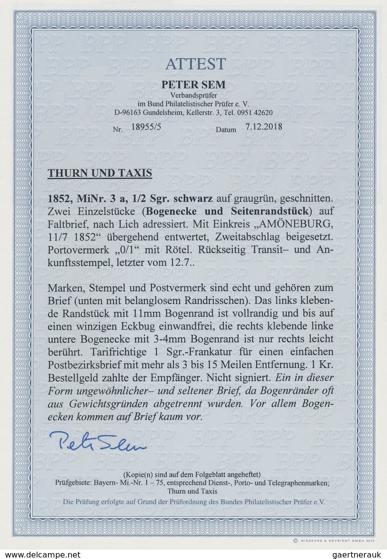 Thurn & Taxis - Marken Und Briefe: 1852, 1/2 Sgr. Schwarz Auf Graugrün, Zwei Einzelstücke (Randstück - Andere & Zonder Classificatie