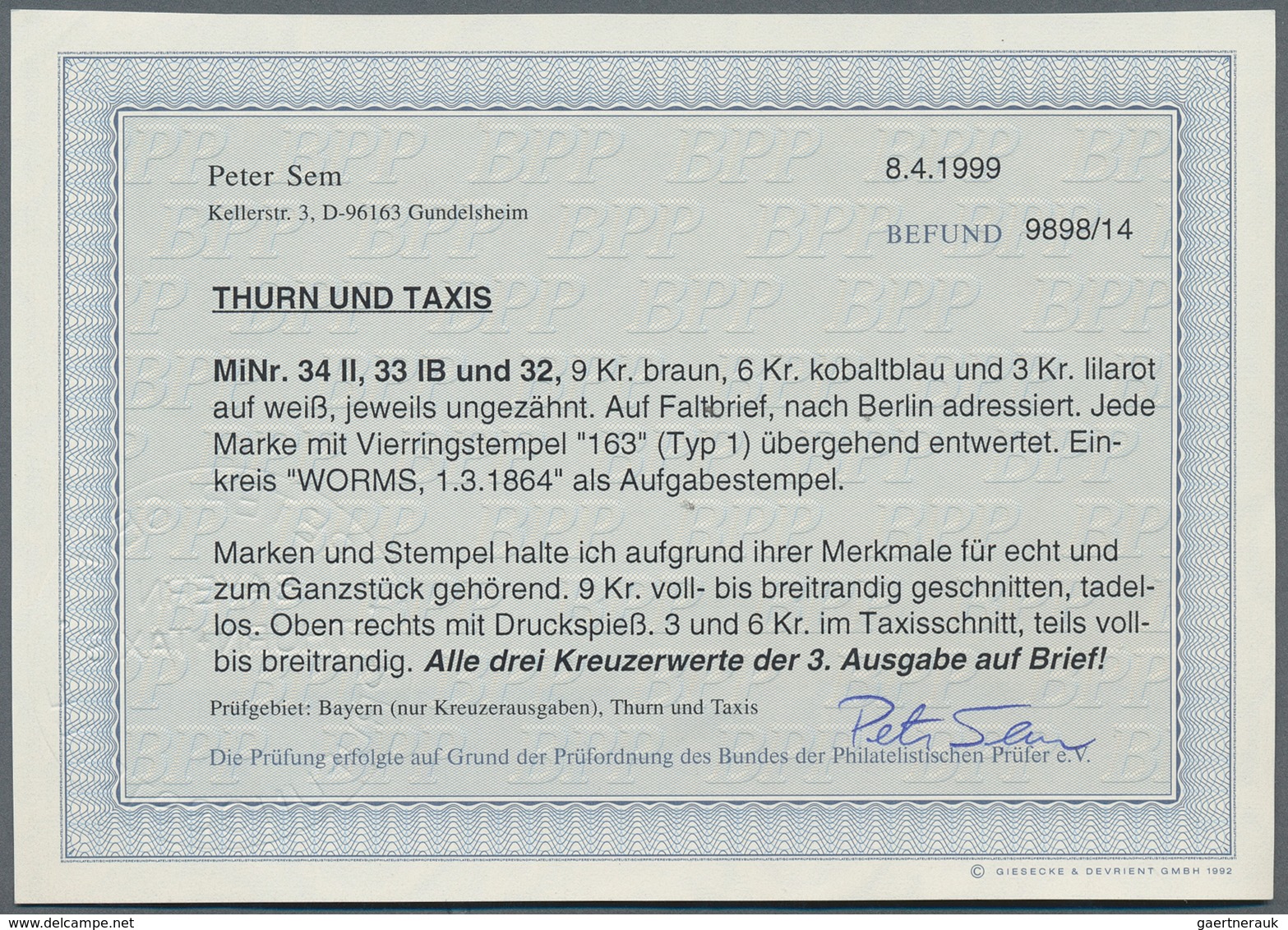 Thurn & Taxis - Marken Und Briefe: 1864, 3 Kr., 6 Kr. Und 9 Kr., Die Komplette Kreuzer-Ausgabe Als W - Autres & Non Classés