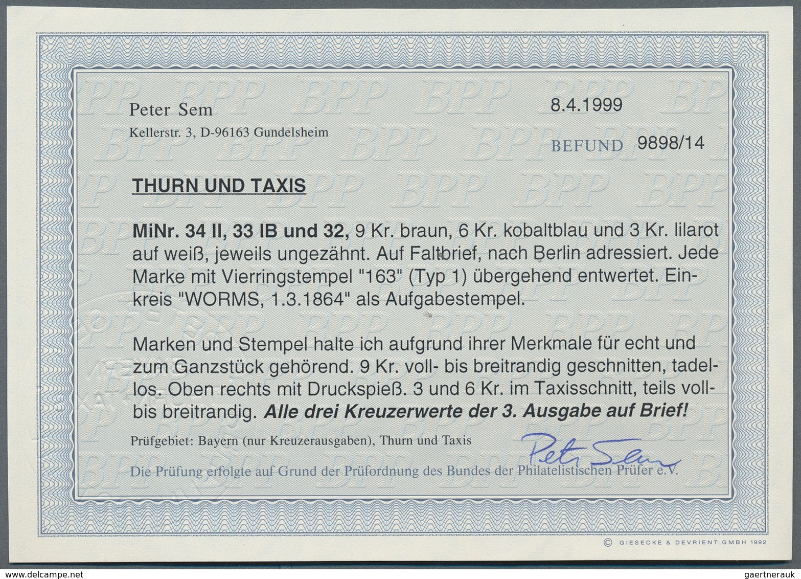 Thurn & Taxis - Marken Und Briefe: 1864, 3 Kr., 6 Kr. Und 9 Kr., Die Komplette Kreuzer-Ausgabe Als W - Andere & Zonder Classificatie
