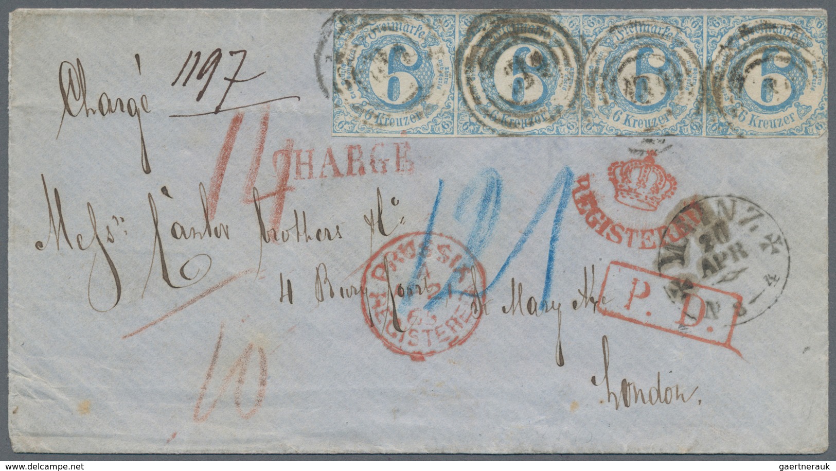 Thurn & Taxis - Marken Und Briefe: 1865, 24-Kreuzer-Frankatur, Bestehend Aus 6 Kr. Blau Im Waagerech - Andere & Zonder Classificatie