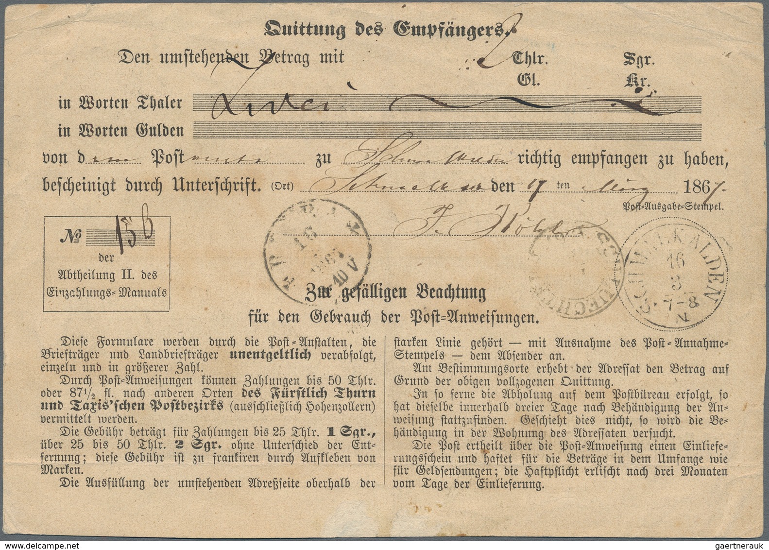 Thurn & Taxis - Marken Und Briefe: 1867, 1 Sgr Karminrot Als EF Auf Post-Anweisung über 2 Thaler Von - Sonstige & Ohne Zuordnung