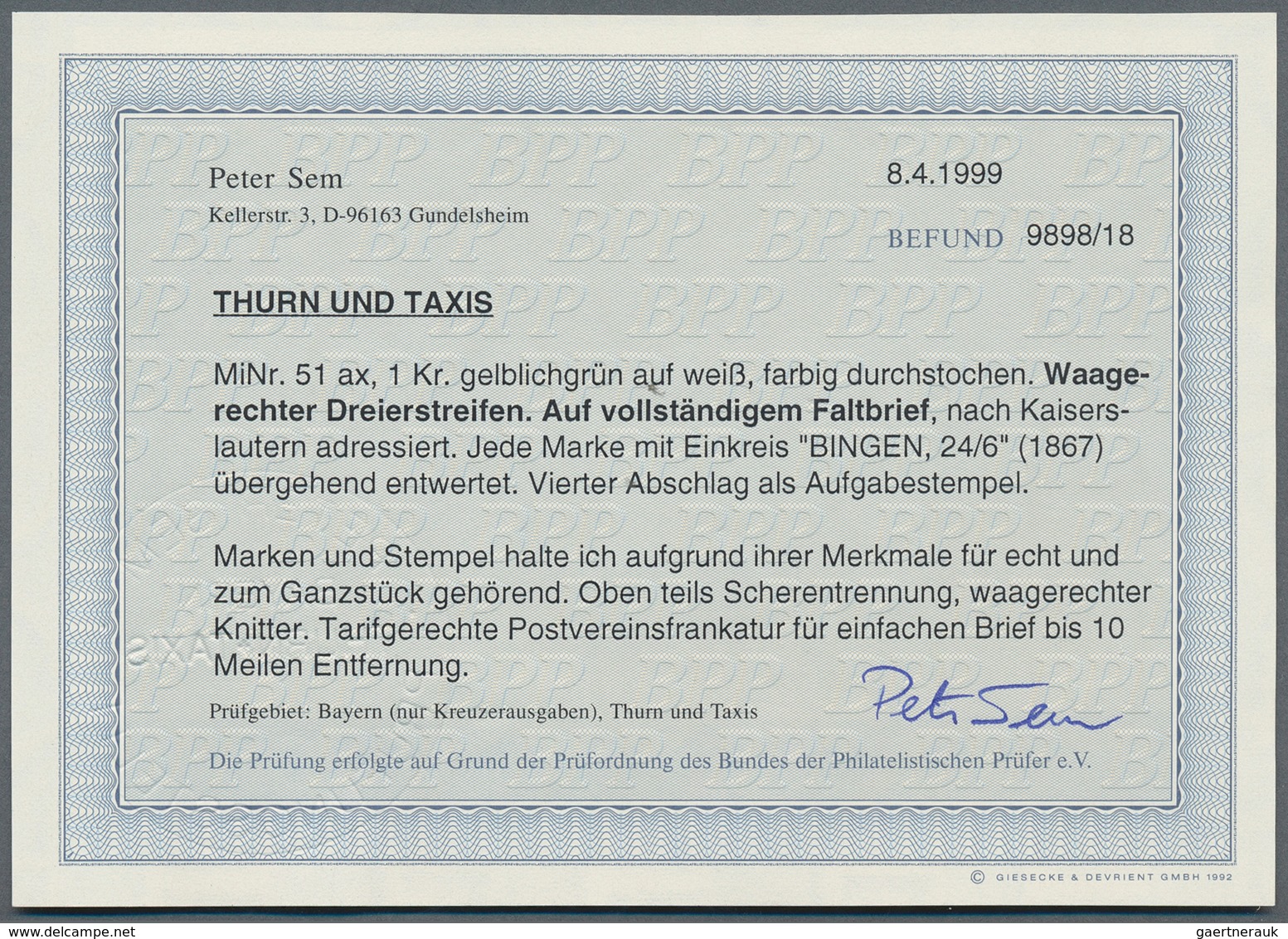 Thurn & Taxis - Marken Und Briefe: 1866, 1 Kr. Gelblichgrün, Waagerechter Dreierstreifen, Oben Teils - Other & Unclassified