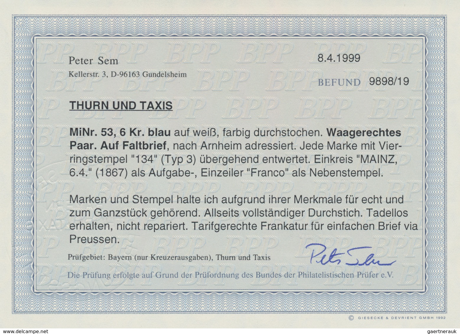 Thurn & Taxis - Marken Und Briefe: 1866, 12-Kreuzer Frankatur (Gesamttaxe), Bestehend Aus 6 Kr. Blau - Sonstige & Ohne Zuordnung