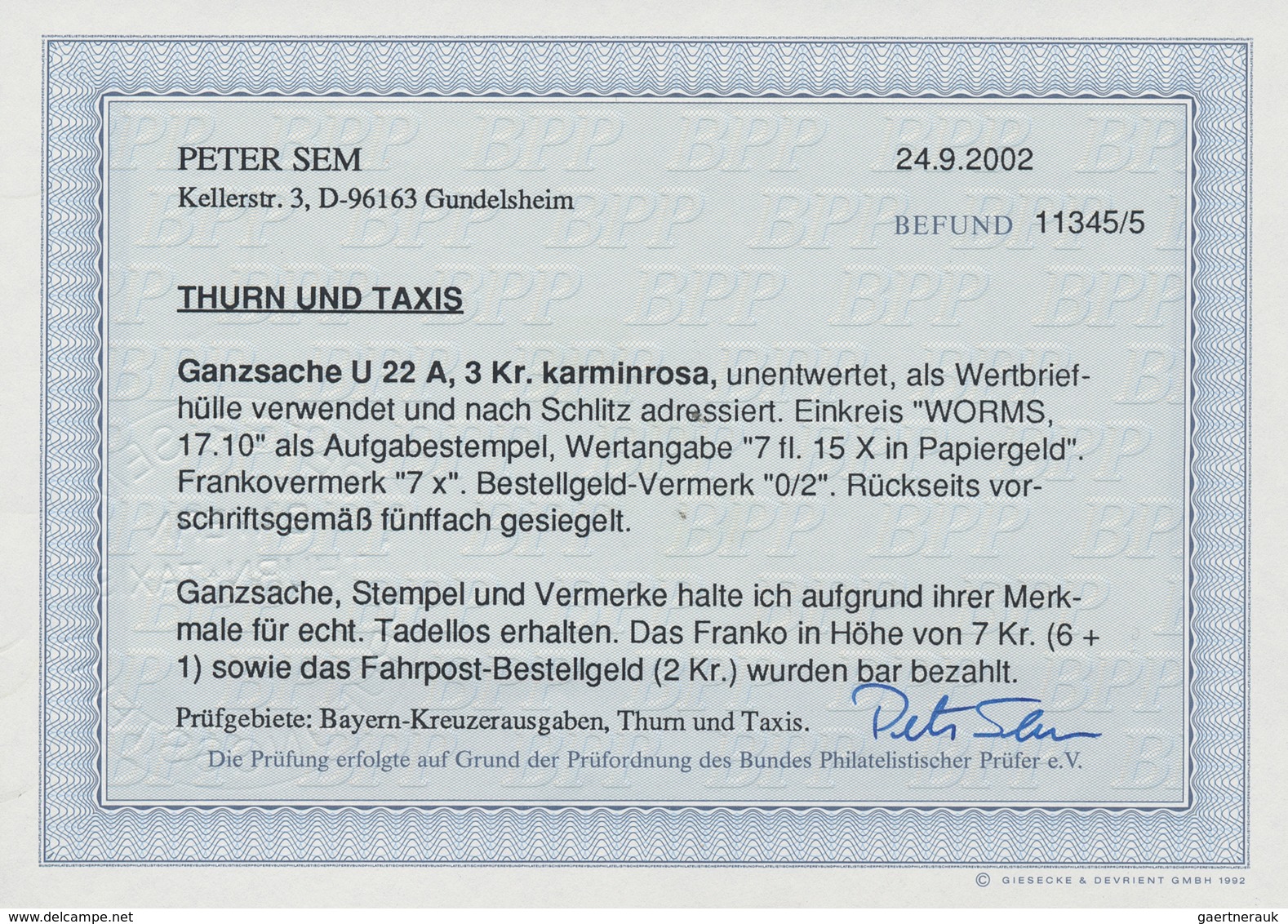 Thurn & Taxis - Ganzsachen: 1863, 3 Kr. Karminrosa, Kleinformat, Als Wertbriefhülle Verwendet, K1 WO - Autres & Non Classés