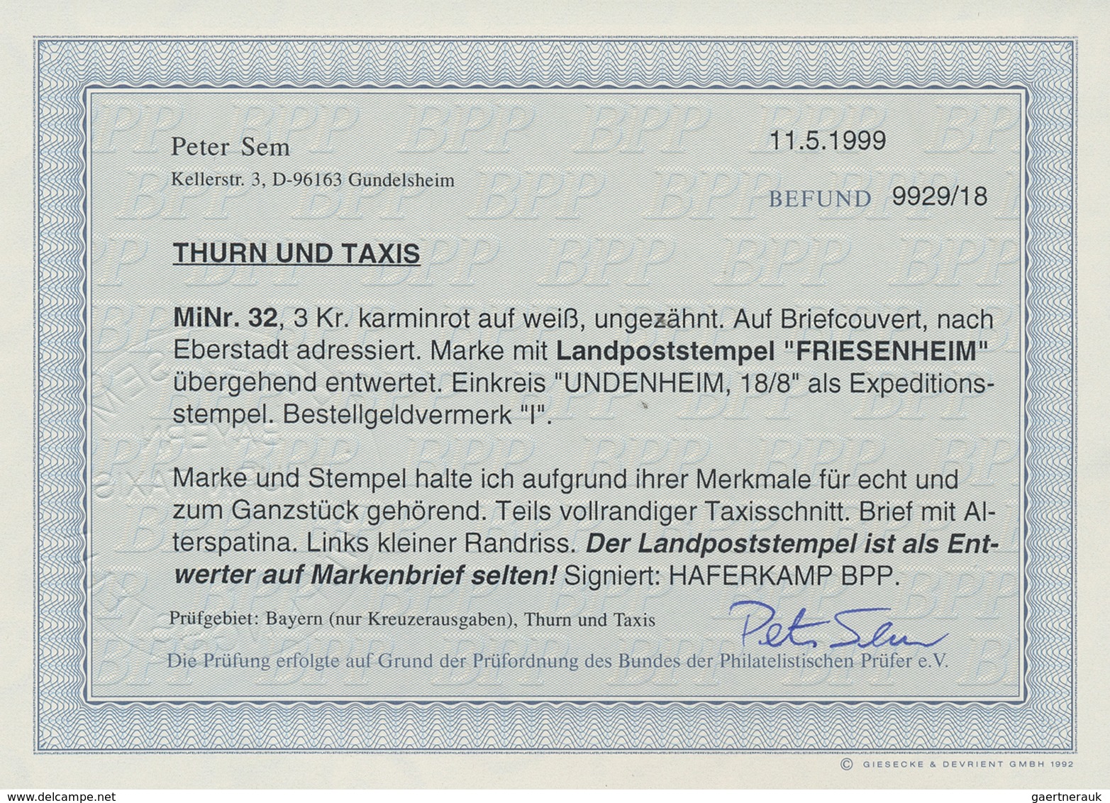 Thurn & Taxis - Landpoststempel: 1862 (Markenausgabe), FRIESENHEIM, Ra 1 Schwarz Exakt Zentriert Auf - Other & Unclassified