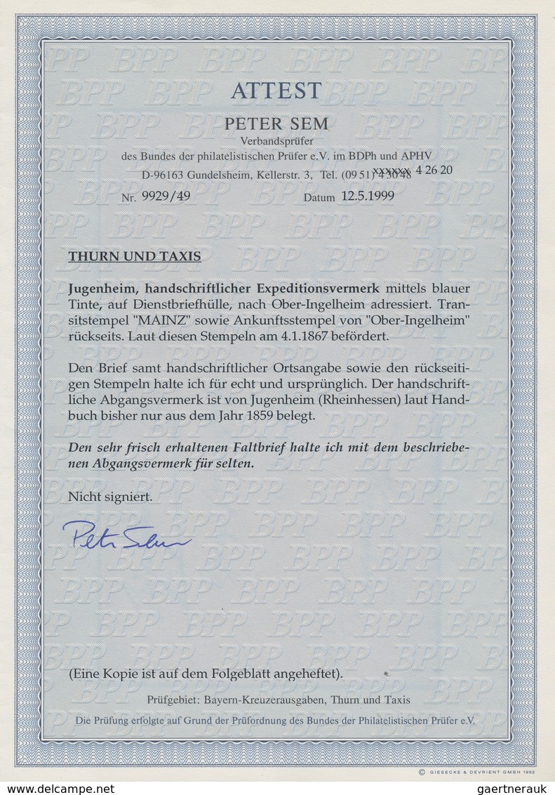 Thurn & Taxis - Postablagestempel: JUGENHEIM, Handschriftlicher Expeditionsvermerk Mittels Blauer Ti - Autres & Non Classés