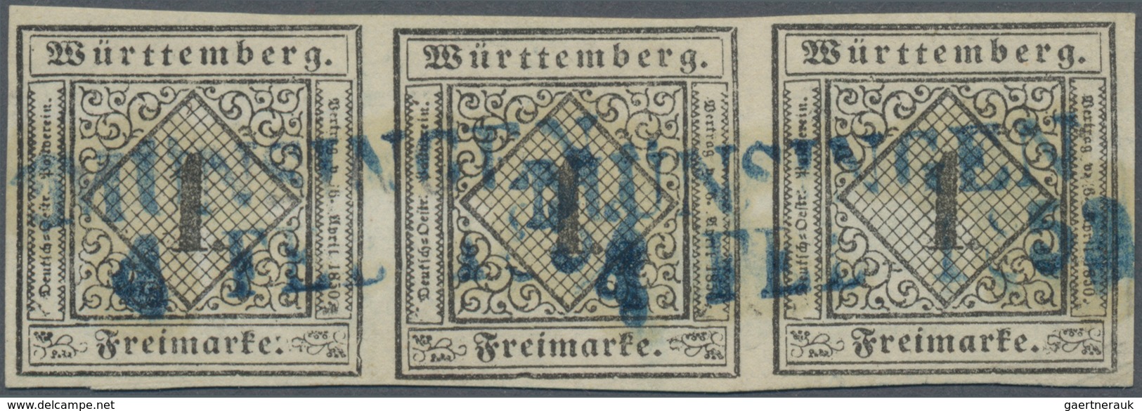 Württemberg - Marken Und Briefe: 1851 Ziffern 1 Kr. Schwarz Auf Gelbweiß Im DREIERSTREIFEN Mit Blaue - Other & Unclassified