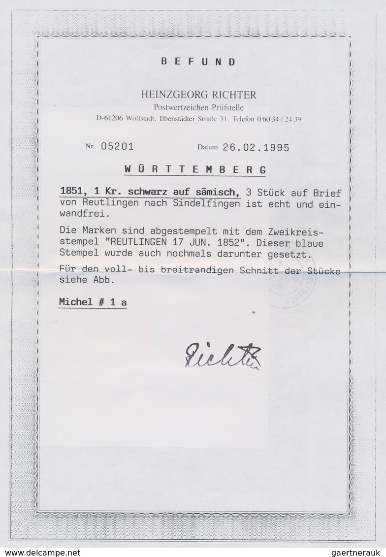 Württemberg - Marken Und Briefe: 1851, 3 X 1 Kr Schwarz Auf Hellsämisch, Entwertet Mit Blauem K2 REU - Other & Unclassified