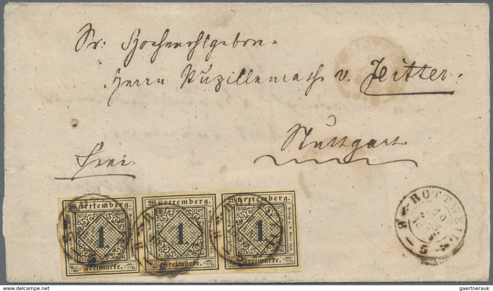 Württemberg - Marken Und Briefe: 1851, 1 Kr Schwarz Auf Sämisch, Waager. 3er-Streifen, Allseits Voll - Other & Unclassified