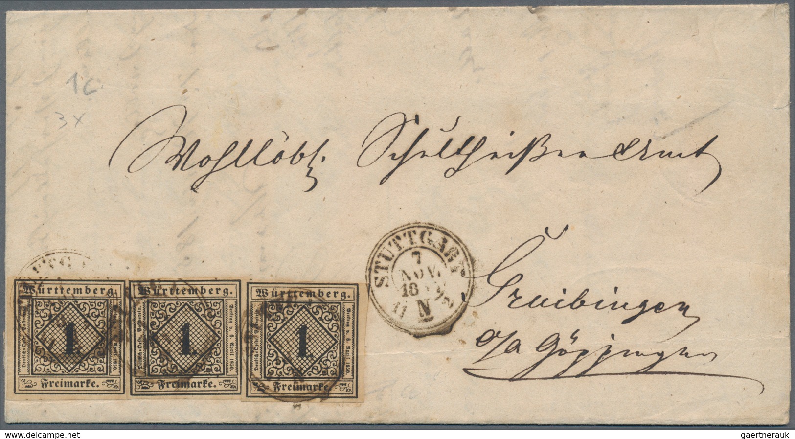 Württemberg - Marken Und Briefe: 1851, 1 Kr Schwarz Auf Altelfenbein, Type III, Drei Waagerecht Leic - Other & Unclassified