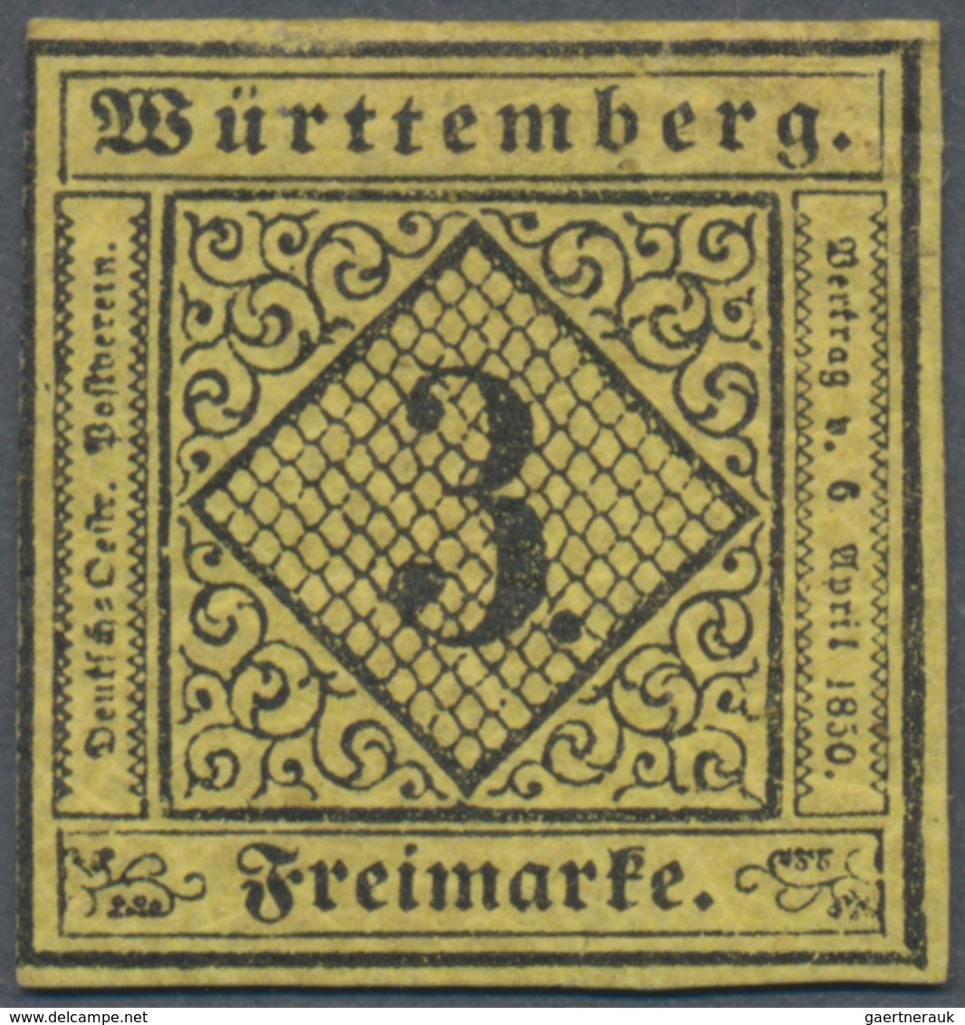 Württemberg - Marken Und Briefe: 1851, Ziffern 3 Kr. Schwarz Auf Gelb In Type III Ungebraucht Mit Or - Other & Unclassified