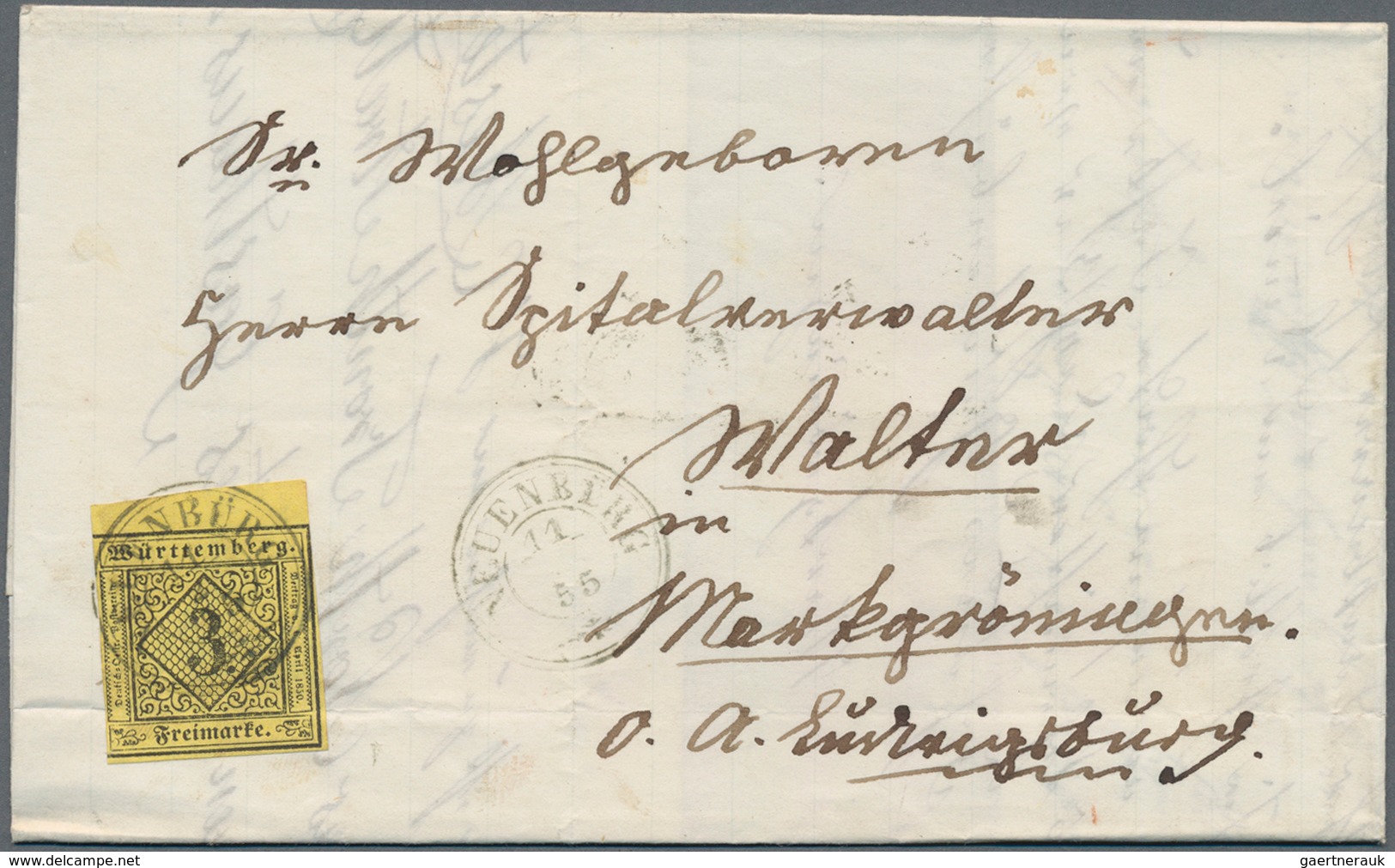 Württemberg - Marken Und Briefe: 1854/1855, Drei Briefe Je Mit Einzelfrankatur 3 Kr. Schwarz Auf Gel - Other & Unclassified