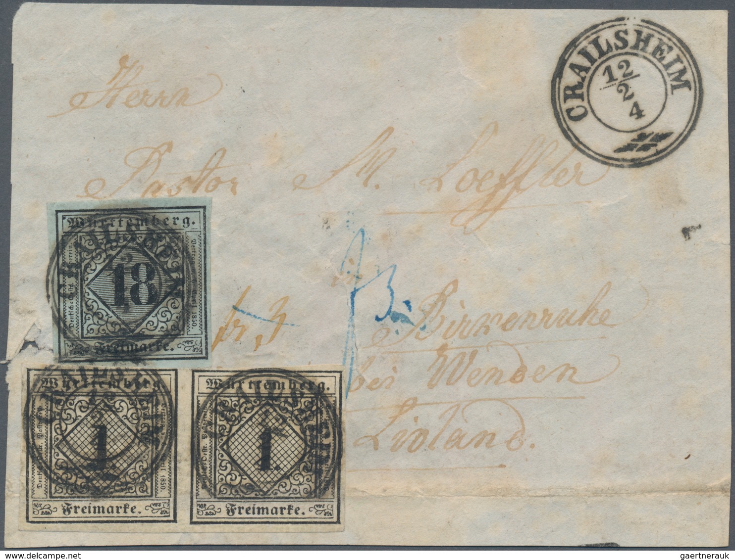 Württemberg - Marken Und Briefe: 1851, 18 Kr. U. 2x 1 Kr. Auf Briefvorderseite Von "CRAILSHEIM 12/2 - Other & Unclassified