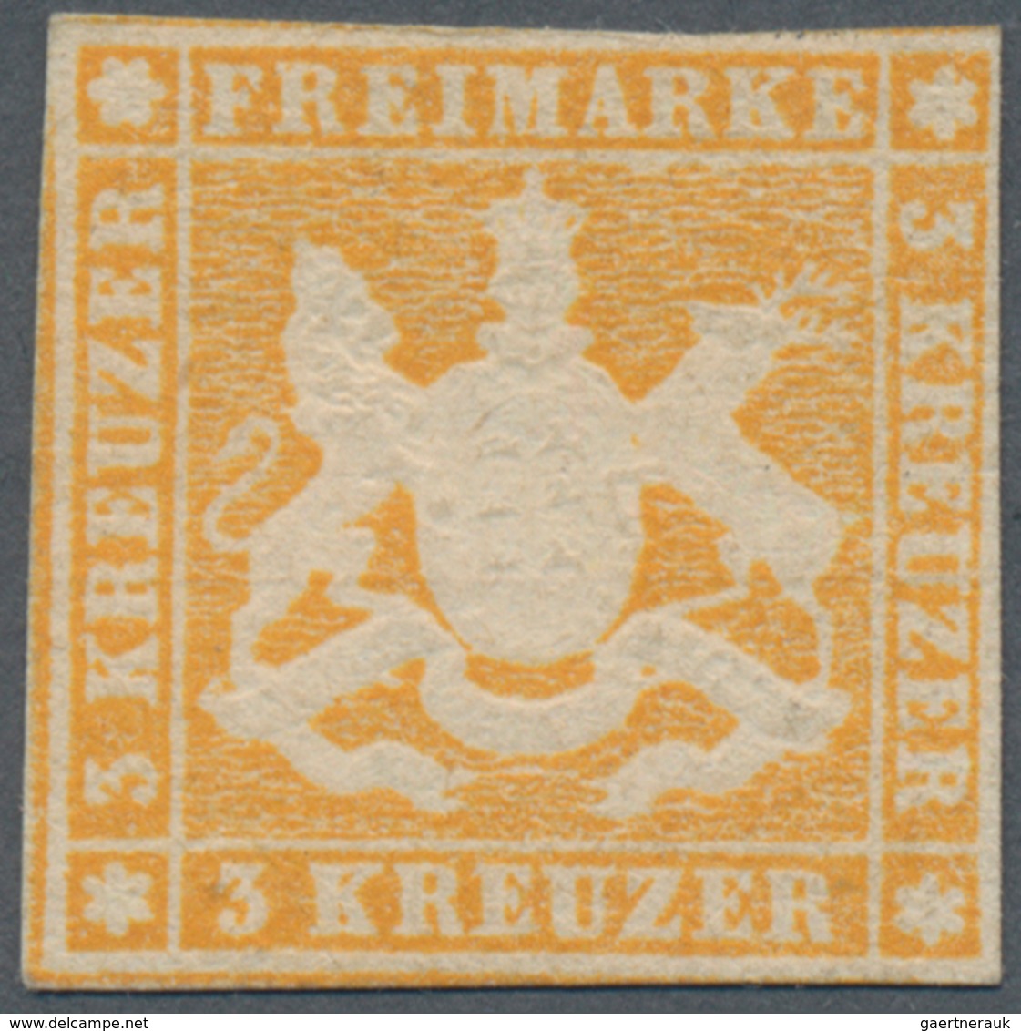 Württemberg - Marken Und Briefe: 1857, Wappen 3 Kr. Orangegelb Mit Seidenfaden, Ungebraucht Ohne Gum - Sonstige & Ohne Zuordnung