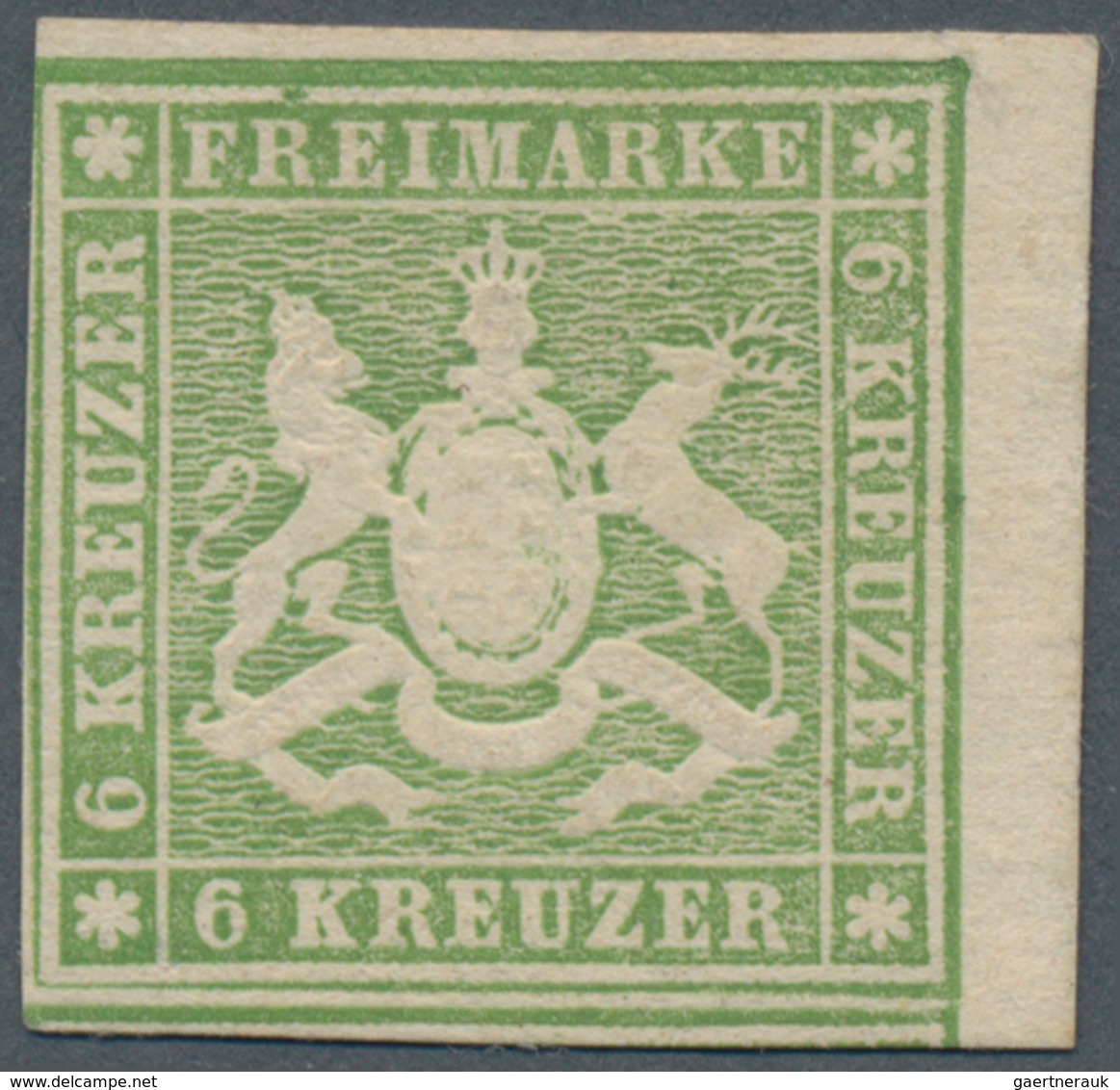 Württemberg - Marken Und Briefe: 1857, Wappen 6 Kr. Gelblichgrün Mit Seidenfaden, Ungebraucht Mit Or - Other & Unclassified