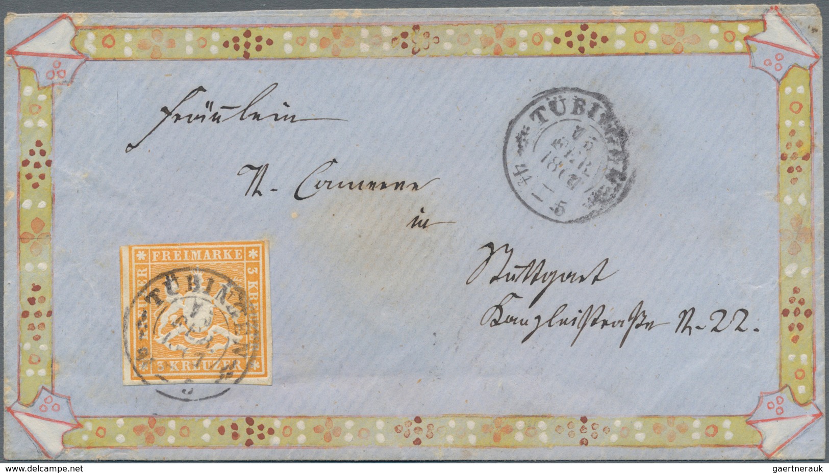 Württemberg - Marken Und Briefe: 1859, 3 Kr Gelb, Einzelfrankatur Auf Blauem ZIERBRIEF-Umschlag Von - Other & Unclassified