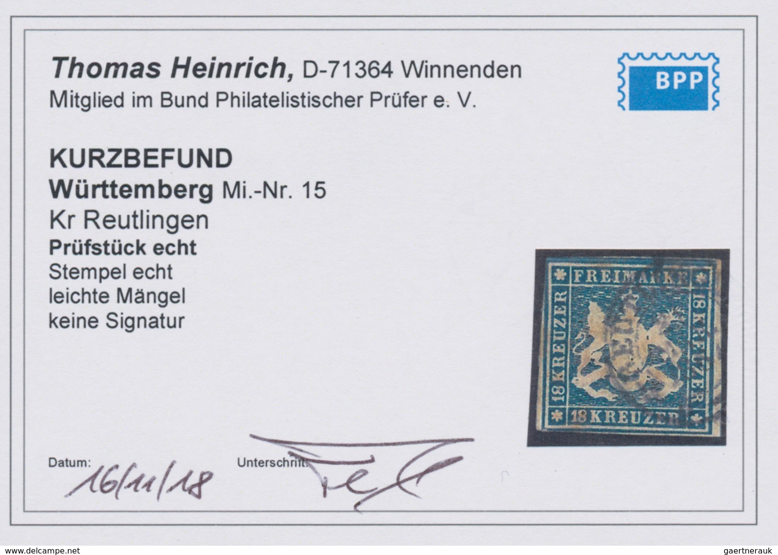 Württemberg - Marken Und Briefe: 1857, Wappen 18 Kr. Hellblau Ohne Seidenfaden, Links Oben/unten Kna - Other & Unclassified