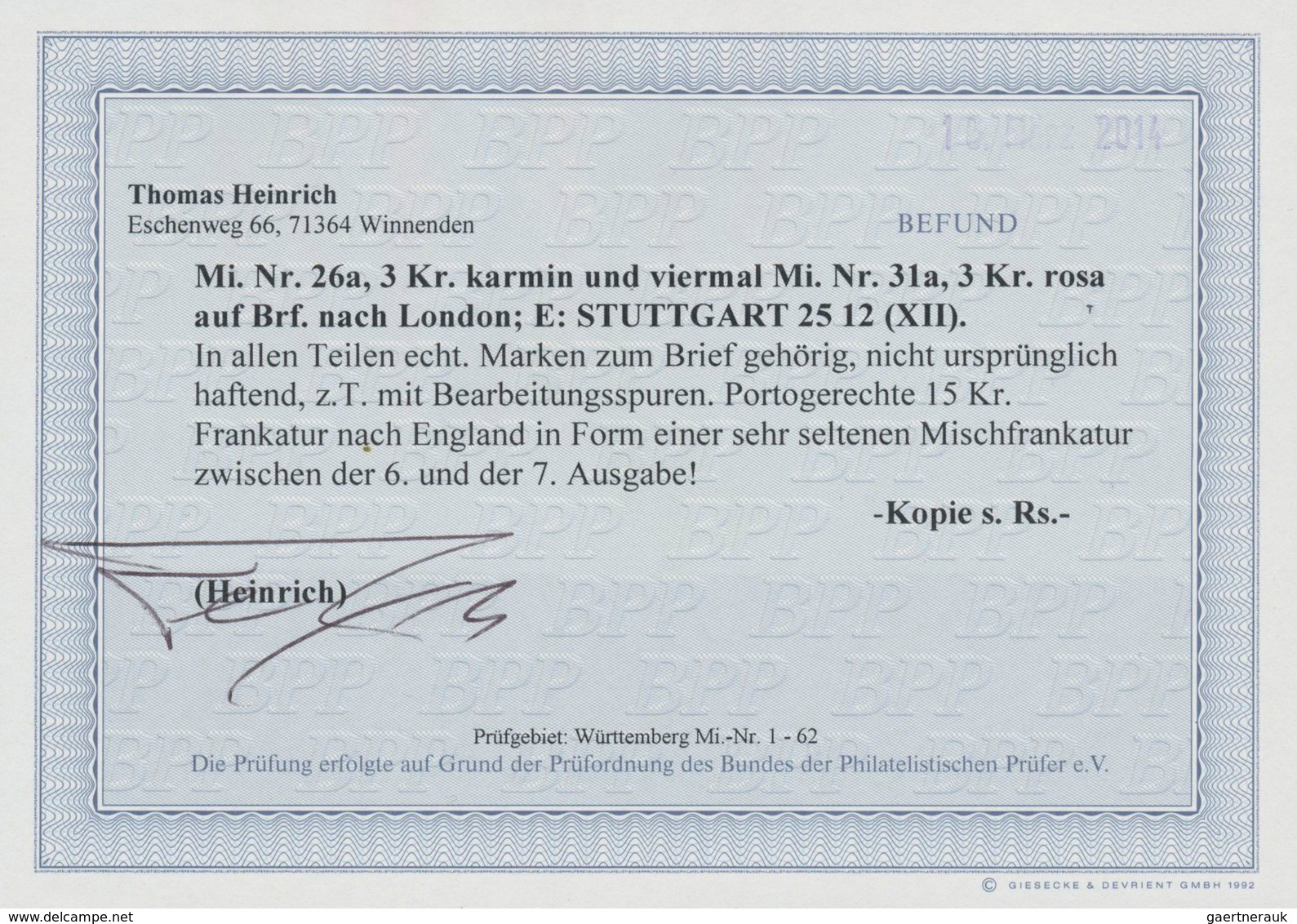 Württemberg - Marken Und Briefe: 1863, 3 Kr. Karminrot Und Viermal 3 Kr. Rotkarmin Auf Portogerechte - Other & Unclassified
