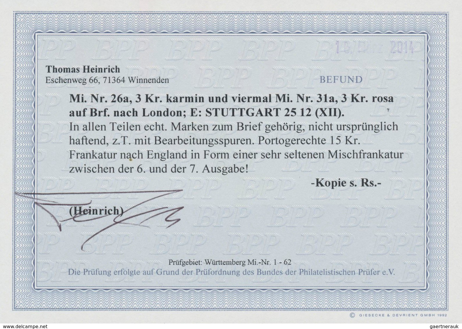 Württemberg - Marken Und Briefe: 1863, 3 Kr. Karminrot Und Viermal 3 Kr. Rotkarmin Auf Portogerechte - Sonstige & Ohne Zuordnung