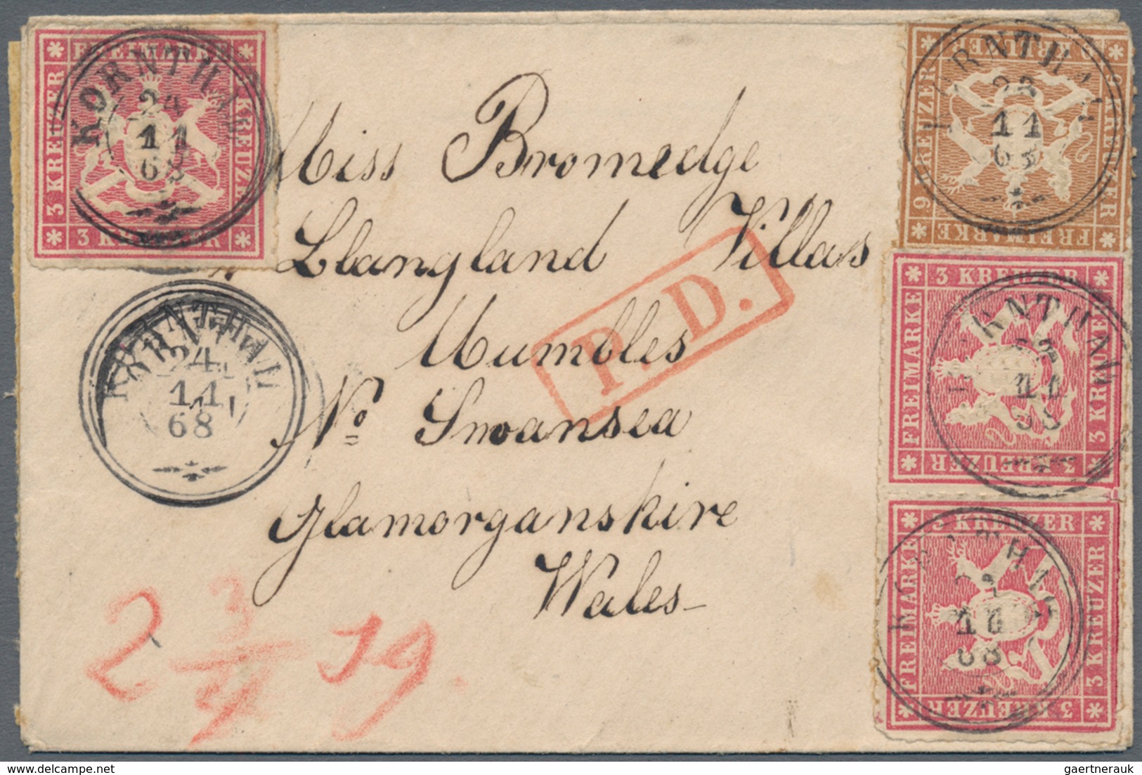 Württemberg - Marken Und Briefe: 1868, Wappenausgabe 9 Kr Weit Gezähnt Zusammen Mit Dreimal 3 Kr Dur - Sonstige & Ohne Zuordnung