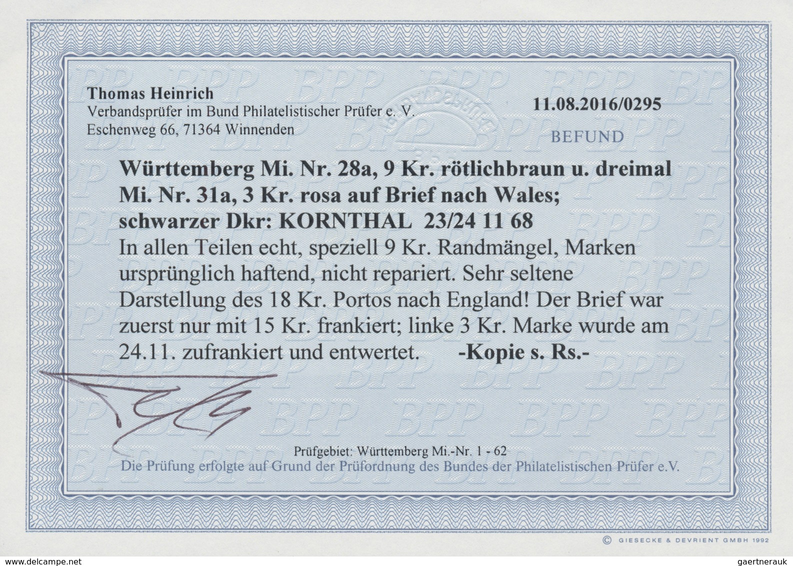 Württemberg - Marken Und Briefe: 1868, Wappenausgabe 9 Kr Weit Gezähnt Zusammen Mit Dreimal 3 Kr Dur - Sonstige & Ohne Zuordnung