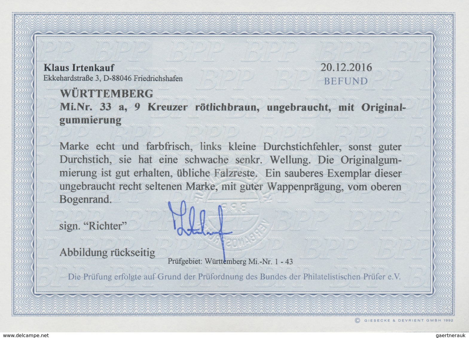 Württemberg - Marken Und Briefe: 1865. 9 Kr. Durchstochen, Farbfrisches Qualitätsstück Mit Originalg - Sonstige & Ohne Zuordnung