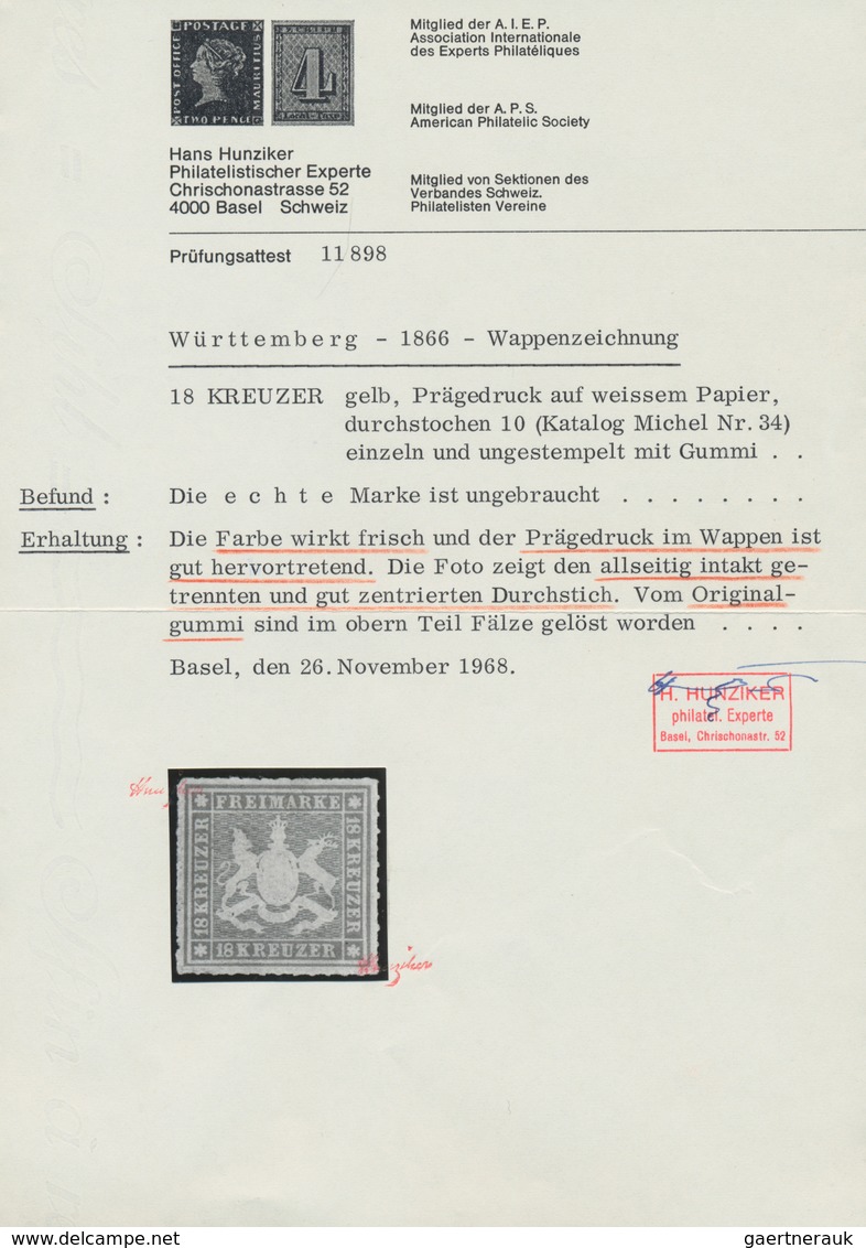 Württemberg - Marken Und Briefe: 1865, Wappen 18 Kr. Gelblichorange Mit Durchstich, Ungebraucht Mit - Sonstige & Ohne Zuordnung