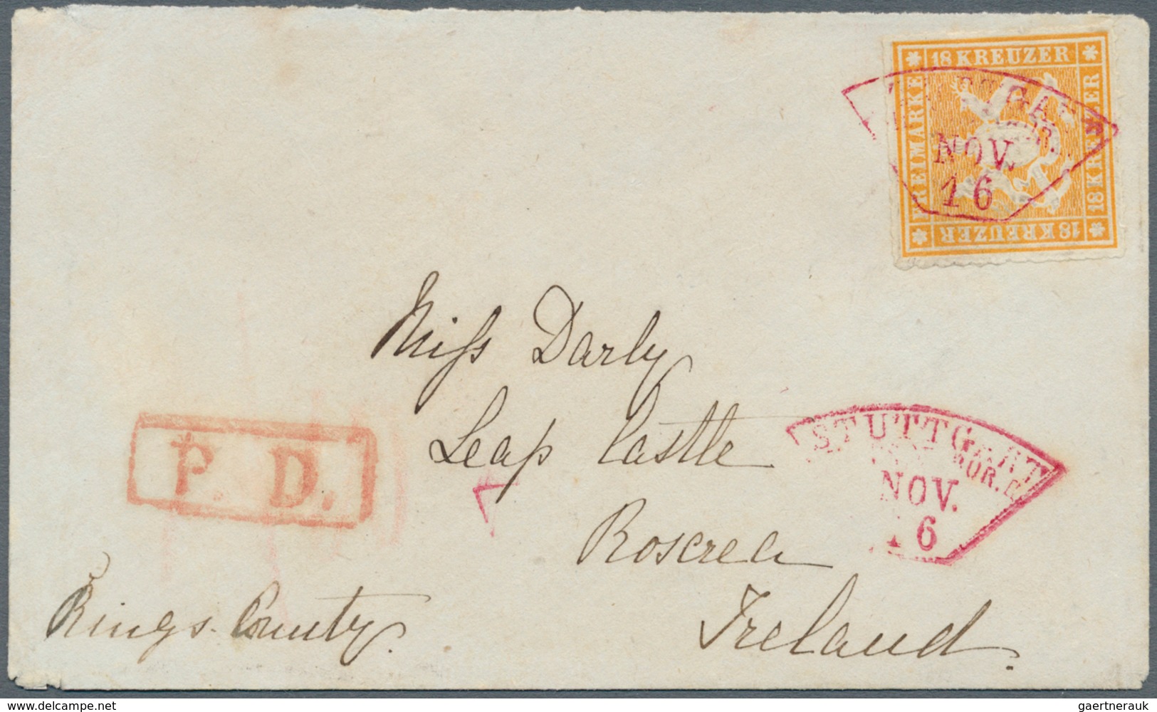 Württemberg - Marken Und Briefe: 1865, 18 Kr. Orangegelb Mit Rotem Fächerstempel "STUTTGART FIL.BUR. - Other & Unclassified