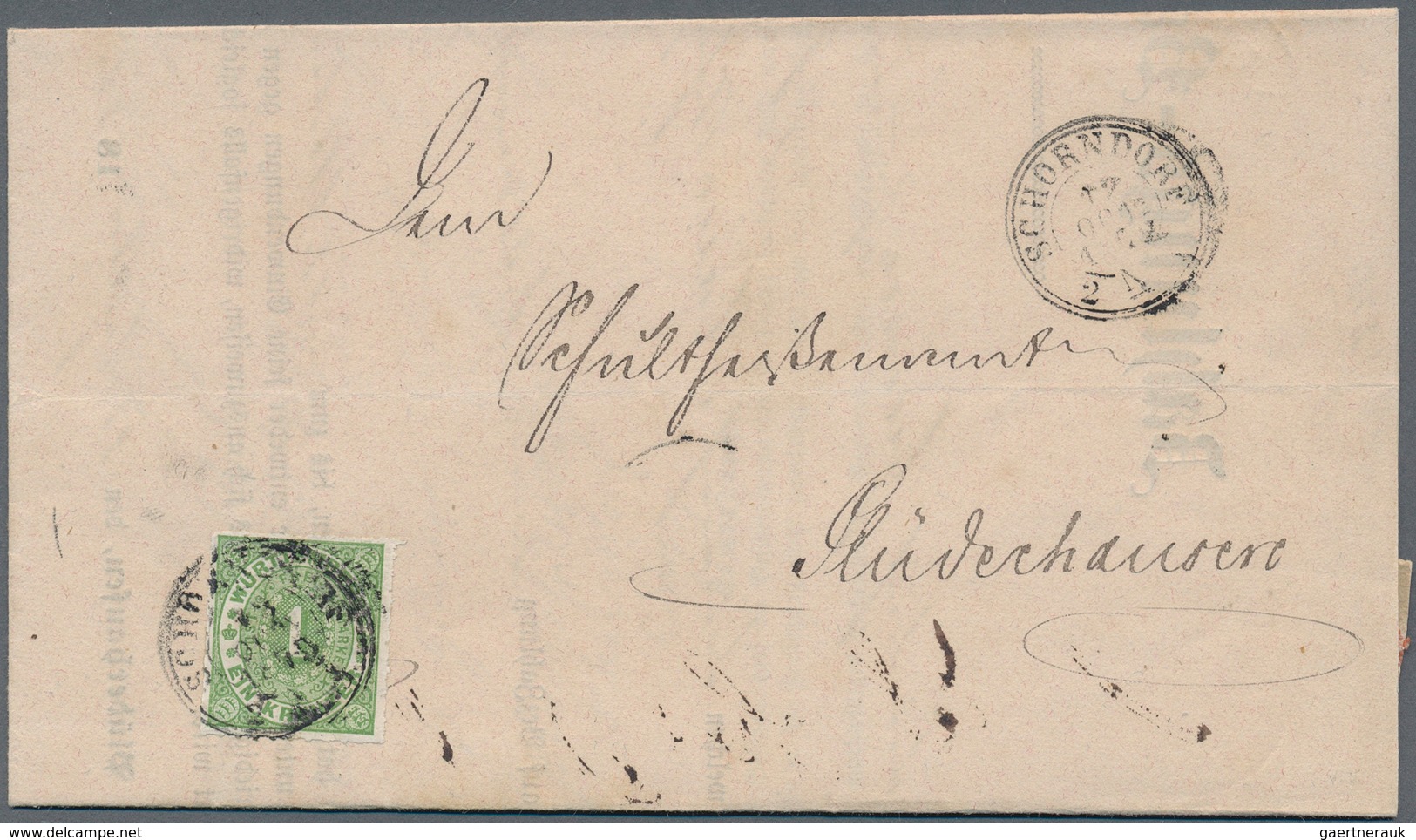 Württemberg - Marken Und Briefe: 1872, 1 Kreuzer Blaugrün Auf Faltbrief Mit Zahlungsbefehl Von K3 SC - Other & Unclassified