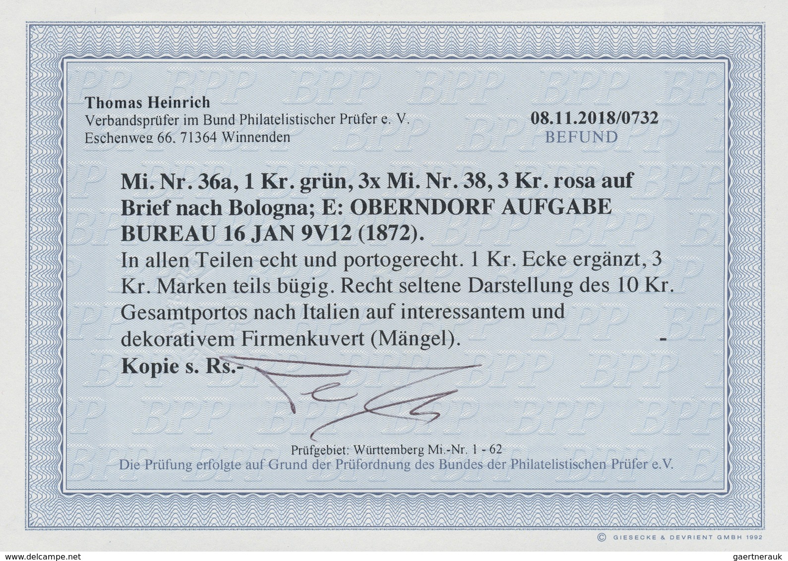 Württemberg - Marken Und Briefe: 1872, Auslandsbrief Der "Uhrenfabrik Georg Rapp" Frankiert Mit 1 Kr - Other & Unclassified