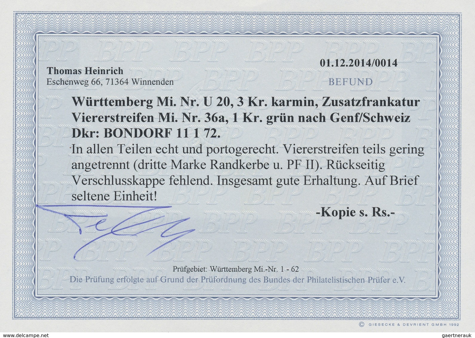 Württemberg - Marken Und Briefe: 1872, 1 Kreuzer Grün Im Waager. 4er-Streifen Einzeln Entwertet Mit - Other & Unclassified