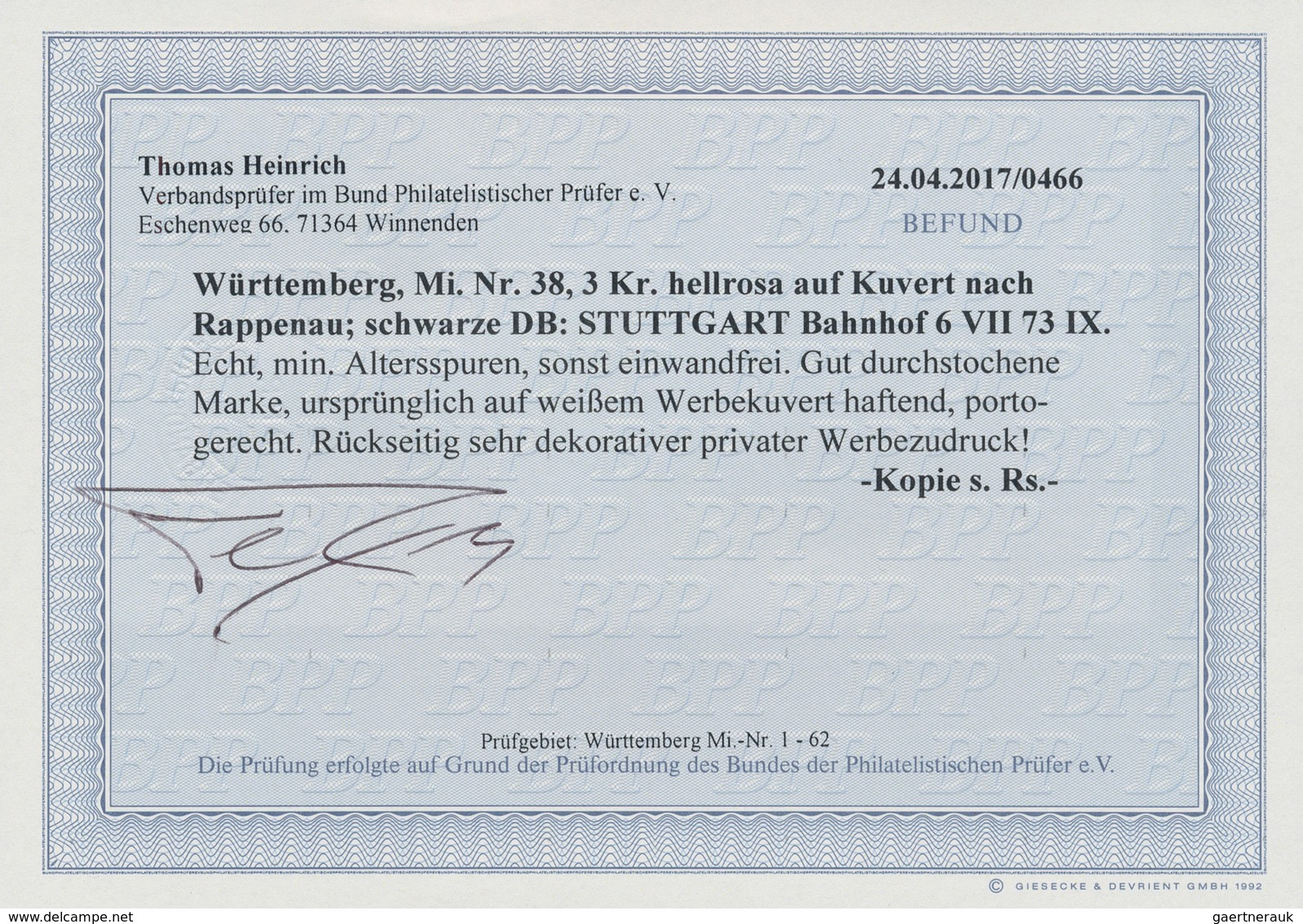 Württemberg - Marken Und Briefe: 1869, Freimarke 3 Kr. Hellrosa Auf Werbeumschlag Der Uhren-Handlung - Other & Unclassified