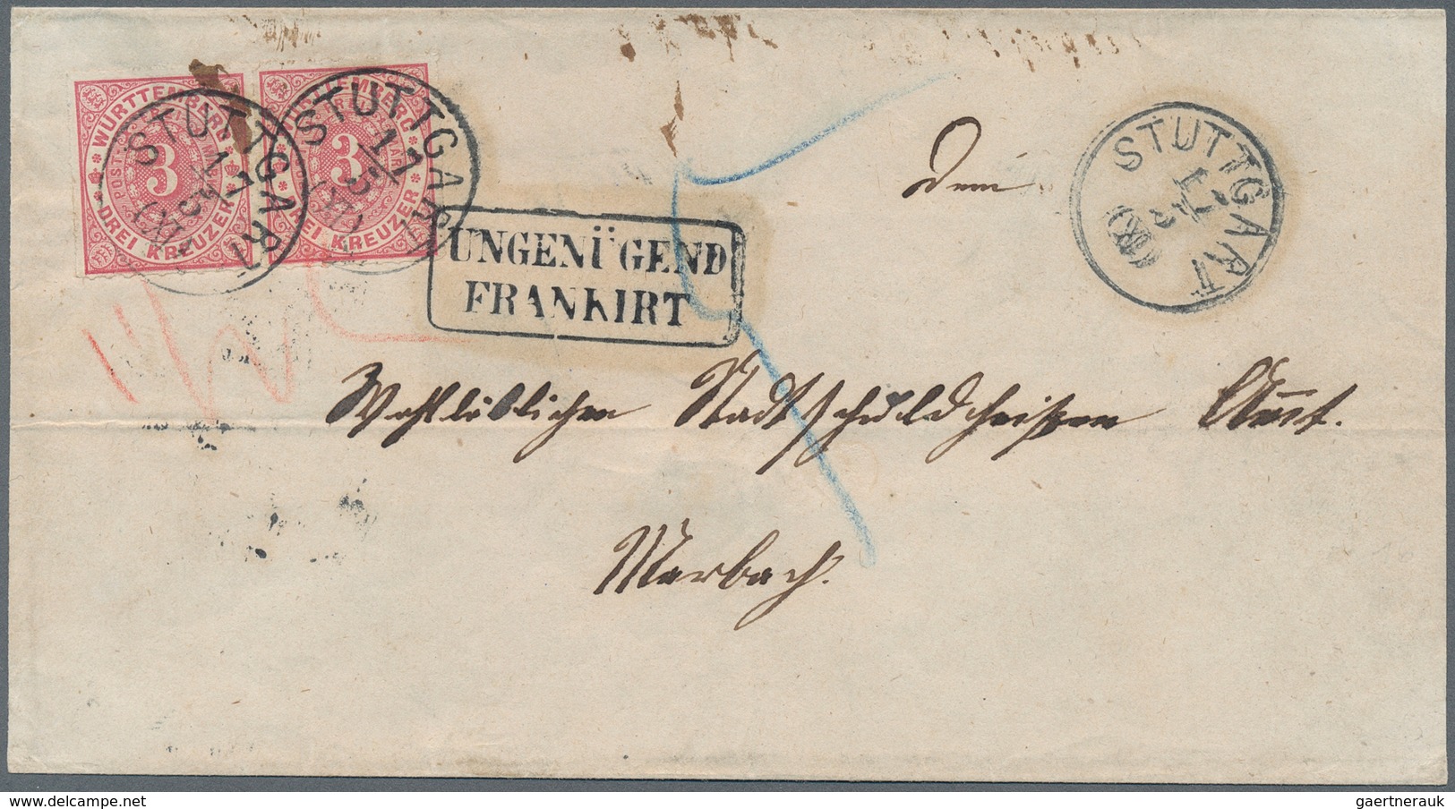 Württemberg - Marken Und Briefe: 1869 Brief Mit 2x 3 Kreuzer Rosa Von Stuttgart Mit Nachporto Und Ra - Other & Unclassified