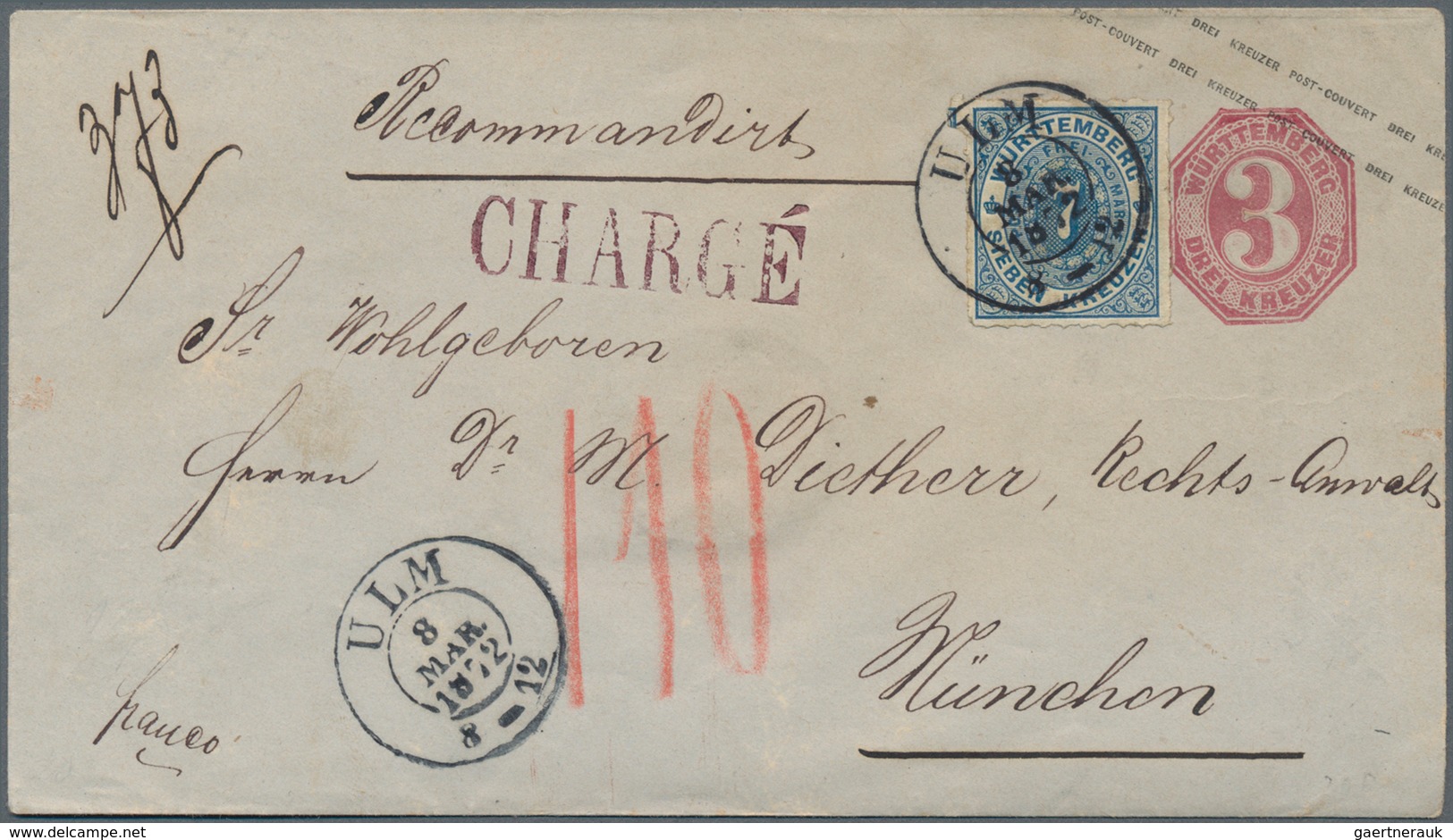 Württemberg - Marken Und Briefe: 1869/1871, 3 Kr Karmin Ganzsachenumschlag, Mit Zusatzfrankatur 7 Kr - Other & Unclassified