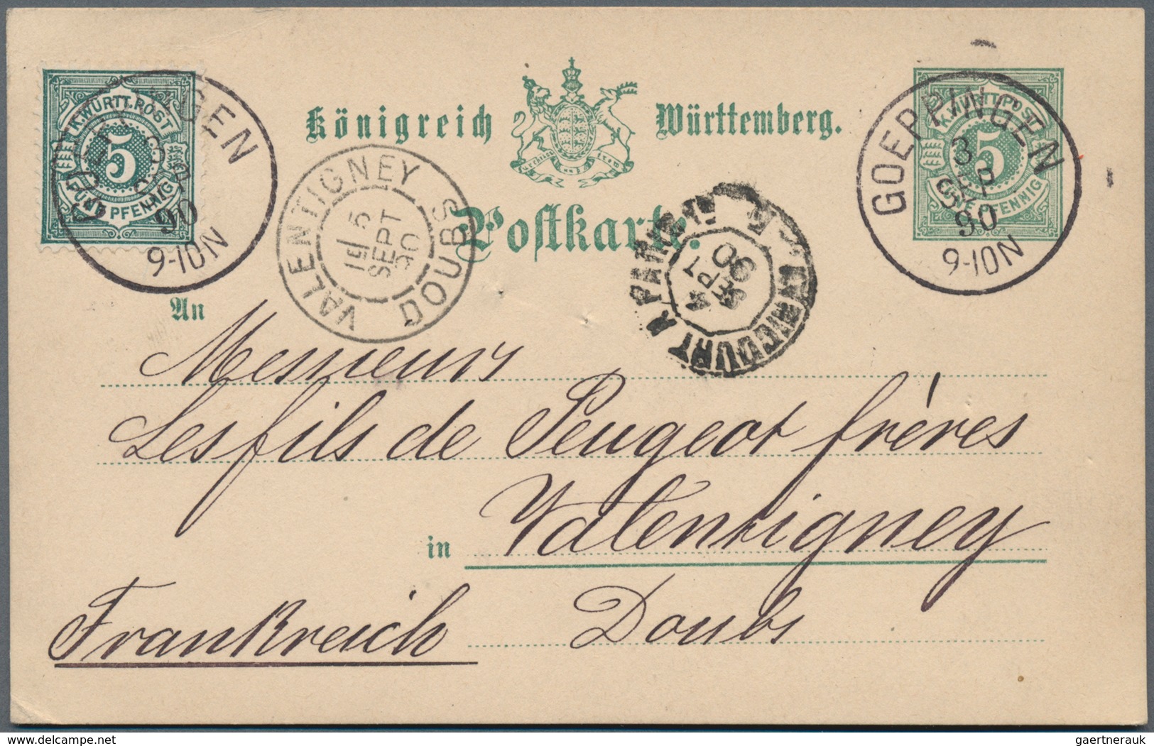 Württemberg - Marken Und Briefe: 1890, Ganzsachenkarte 5 Pf Mit Zusatzfrankatur 5 Pf Schwarzblaugrün - Other & Unclassified