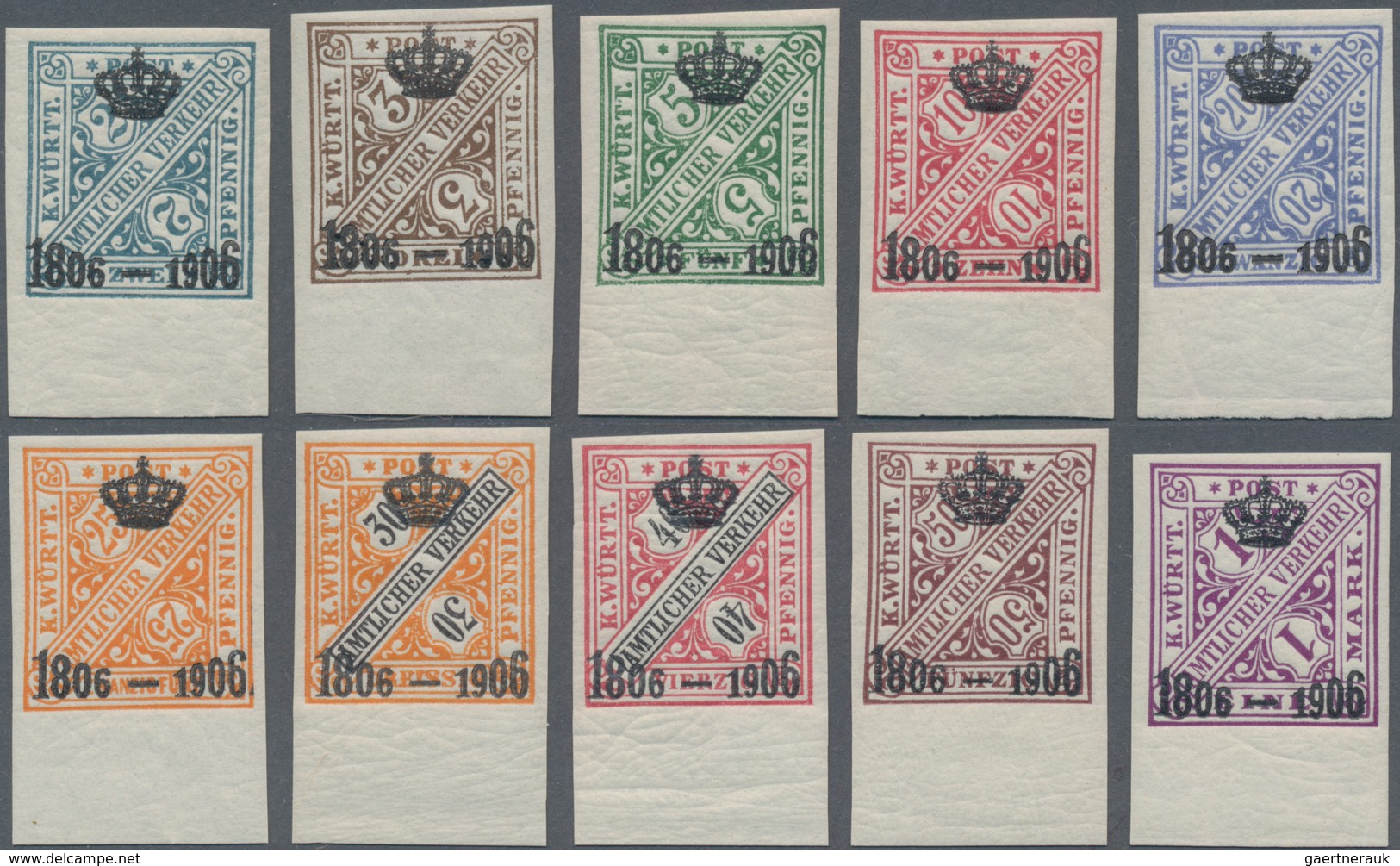 Württemberg - Marken Und Briefe: 1906, 2 Pf Bis 1 M Mit Kronenaufdruck "1806-1906" Zehn Postfrische - Sonstige & Ohne Zuordnung