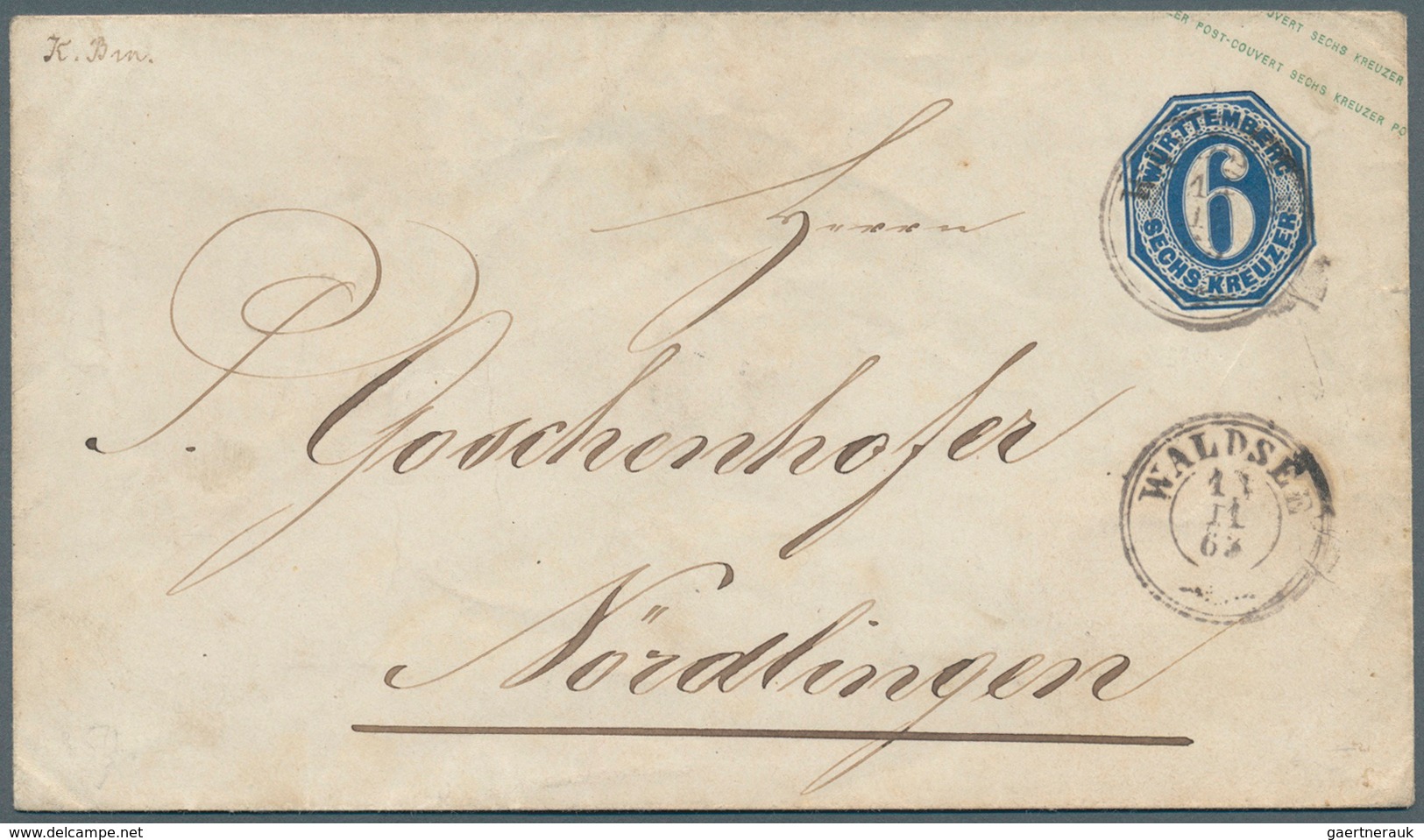 Württemberg - Ganzsachen: 1863, Umschlag 6 Kr Dunkelblau, Gebraucht Von "Waldsee" Nach Nördlingen, K - Autres & Non Classés