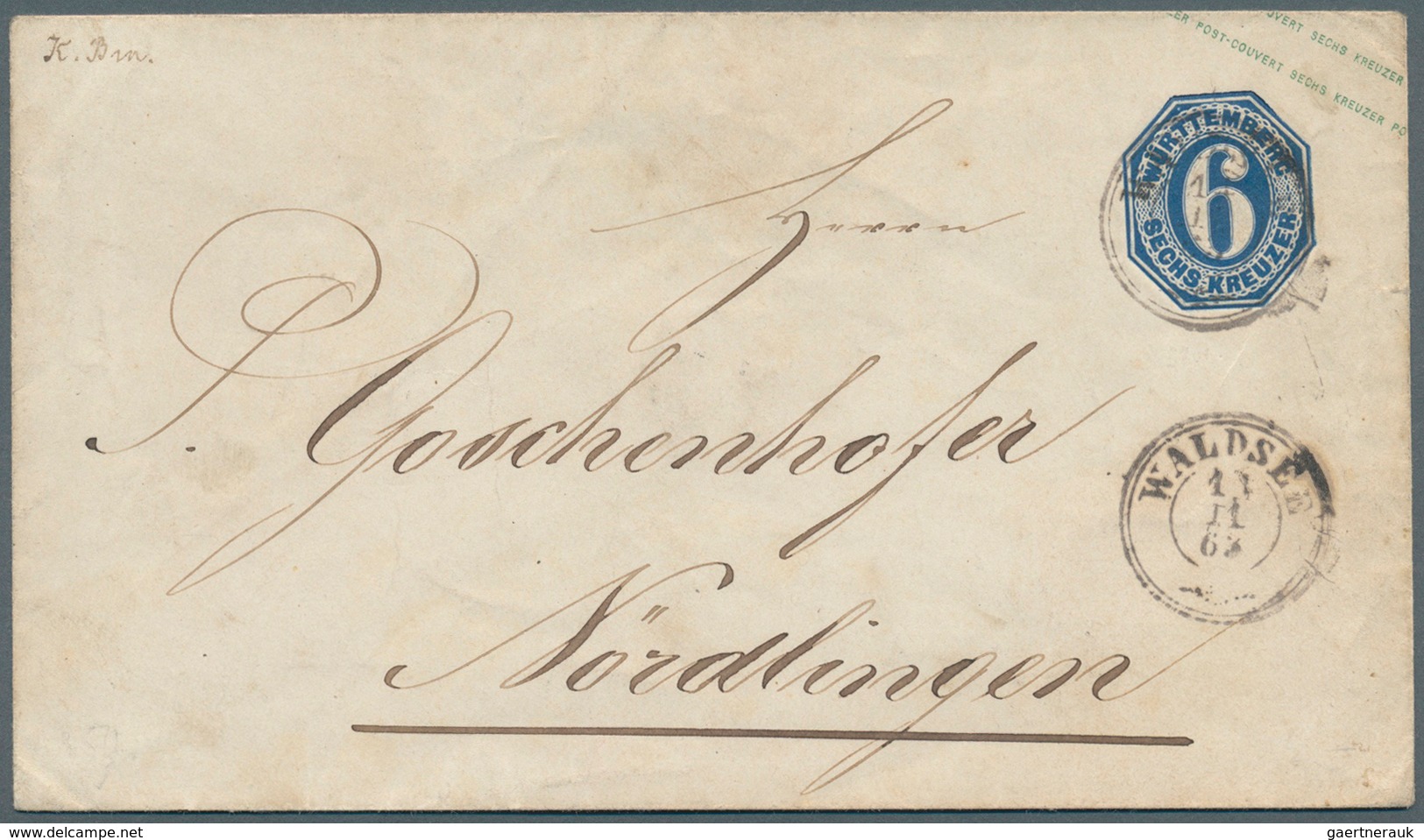 Württemberg - Ganzsachen: 1863, Umschlag 6 Kr Dunkelblau, Gebraucht Von "Waldsee" Nach Nördlingen, K - Andere & Zonder Classificatie
