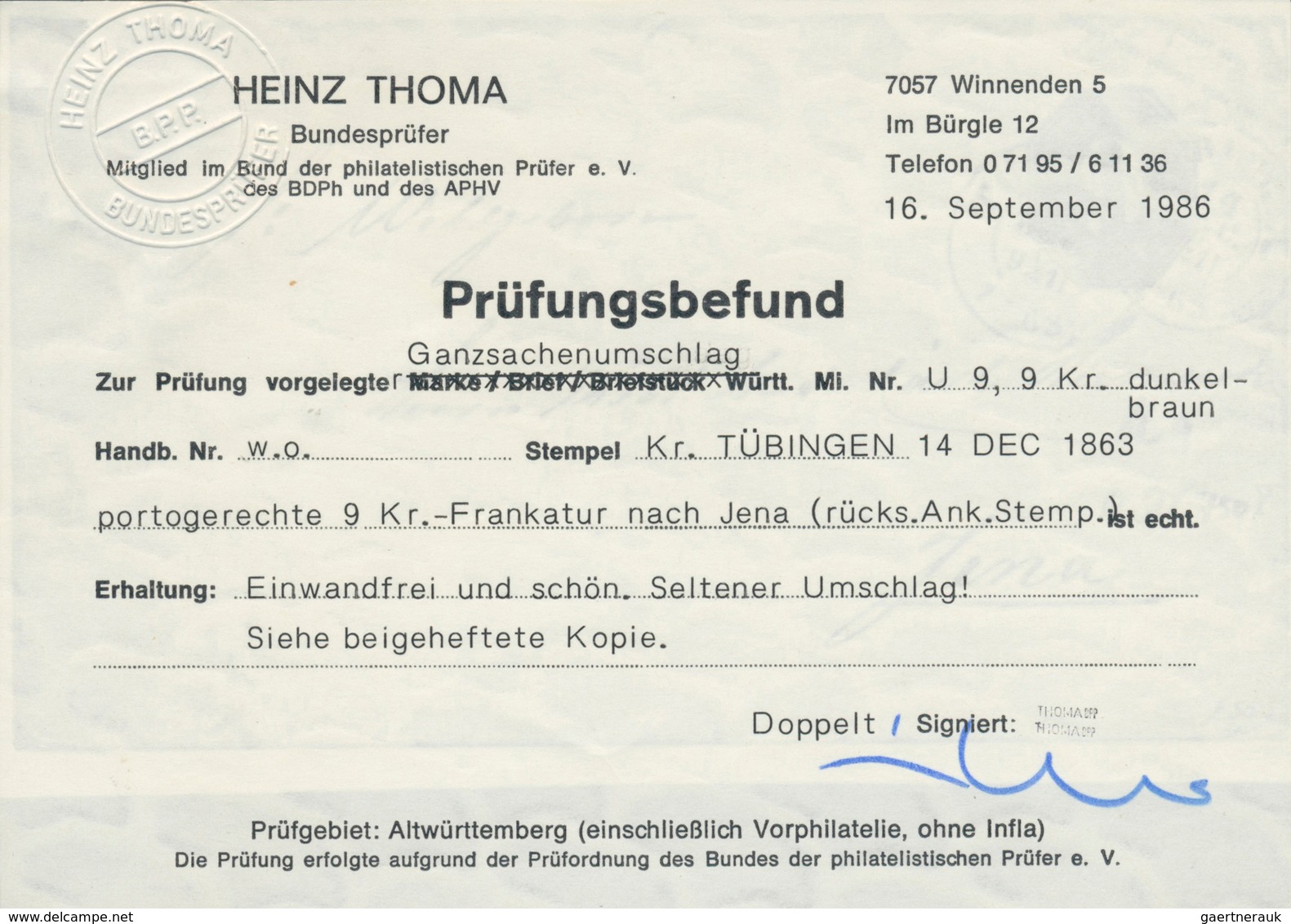 Württemberg - Ganzsachen: 1863, Umschlag 9 Kr Dunkelbraun, Gebraucht Von "Tübingen 14.12.63" Nach Je - Other & Unclassified