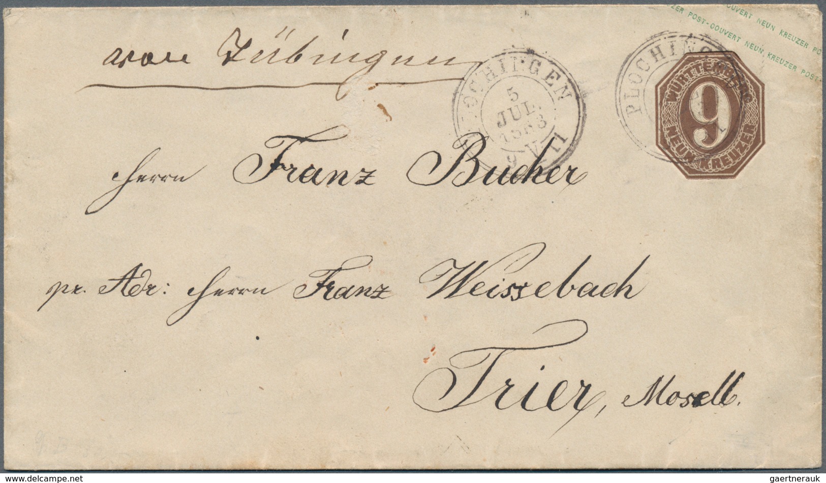 Württemberg - Ganzsachen: 1863, 9 Kr Dunkelbraun Ganzsachenumschlag, Überdruck Blaugrün Mit Kleinen - Autres & Non Classés